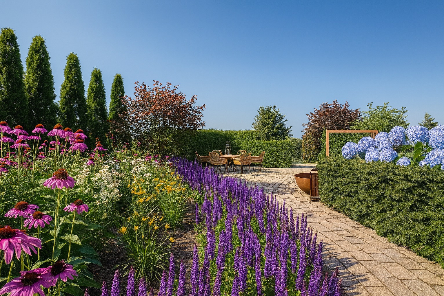 Urokliwy ogród z kwitnącymi echinaceami i szałwią, ścieżką z kostki brukowej prowadzącą do stołu z krzesłami, otoczony zielonymi żywopłotami i drzewami.