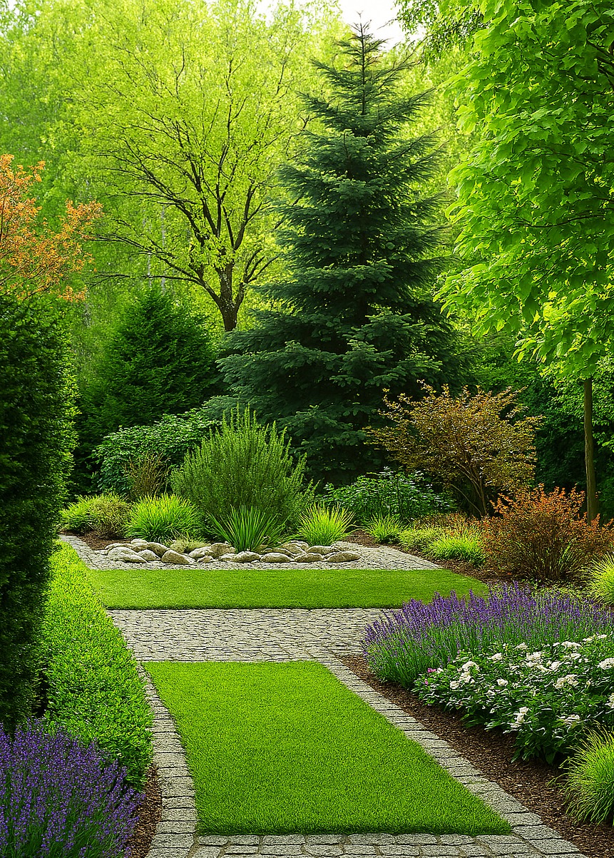 Urokliwy ogród z zielonym trawnikiem, kamienną ścieżką, ozdobnymi krzewami i kwiatami. W tle wysokie drzewa iglaste i liściaste. Kompozycja pełna harmonii i naturalnego piękna.