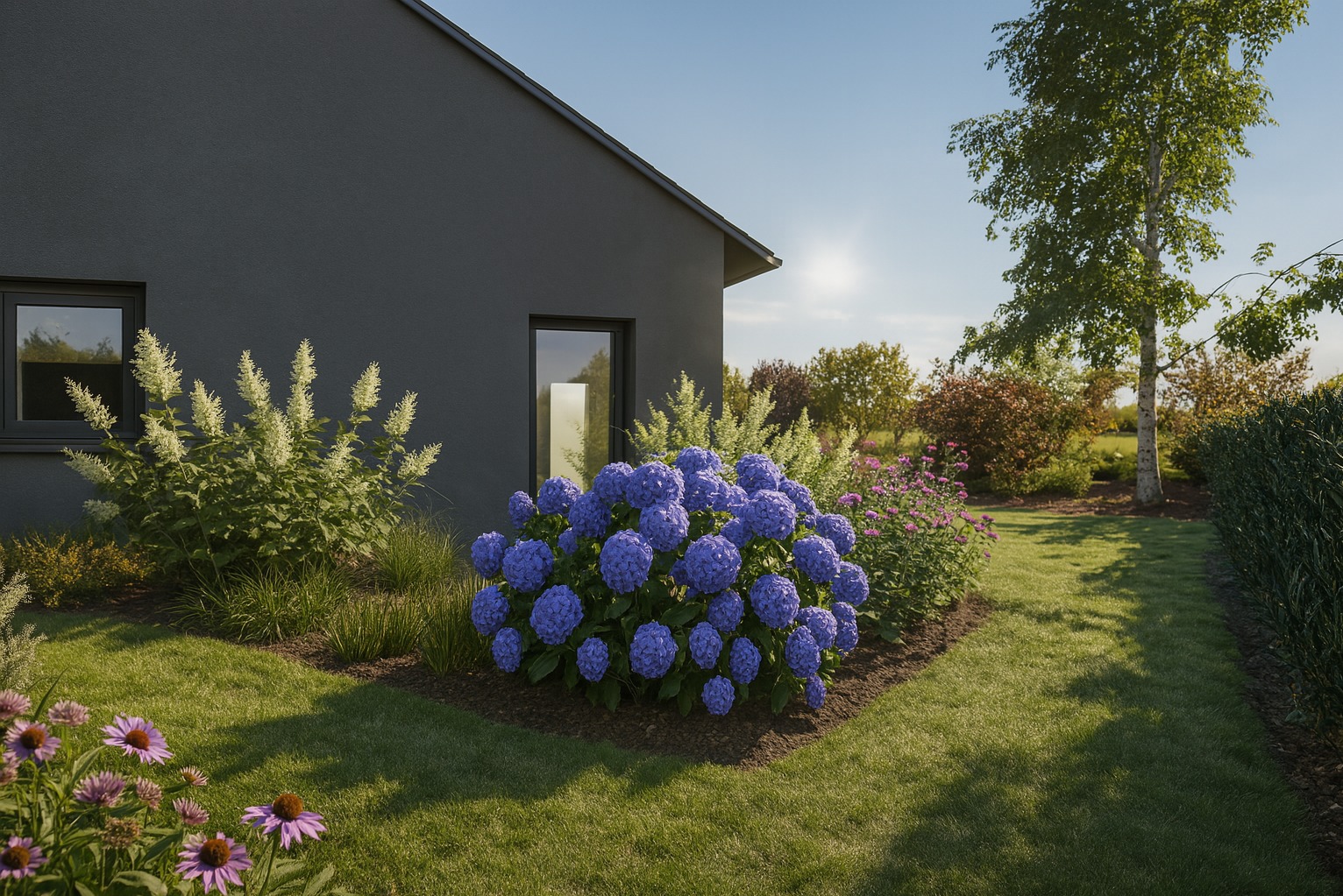 Kwitnący ogród przydomowy z hortensjami i jeżówkami na tle nowoczesnego domu z ciemną elewacją. Ujęcie w słoneczny dzień.