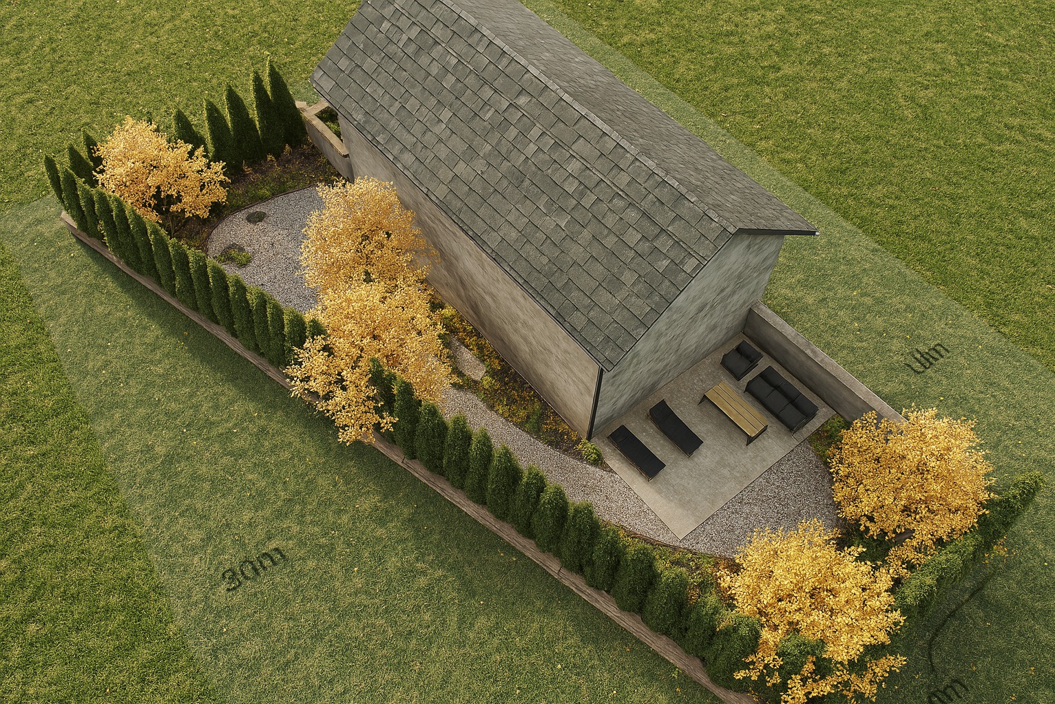 Projekt zagospodarowania terenu w Sobótce: widok z góry na dom z ogrodem, gdzie rabaty z tujami i drzewami oddzielają trawnik od strefy relaksu z meblami.