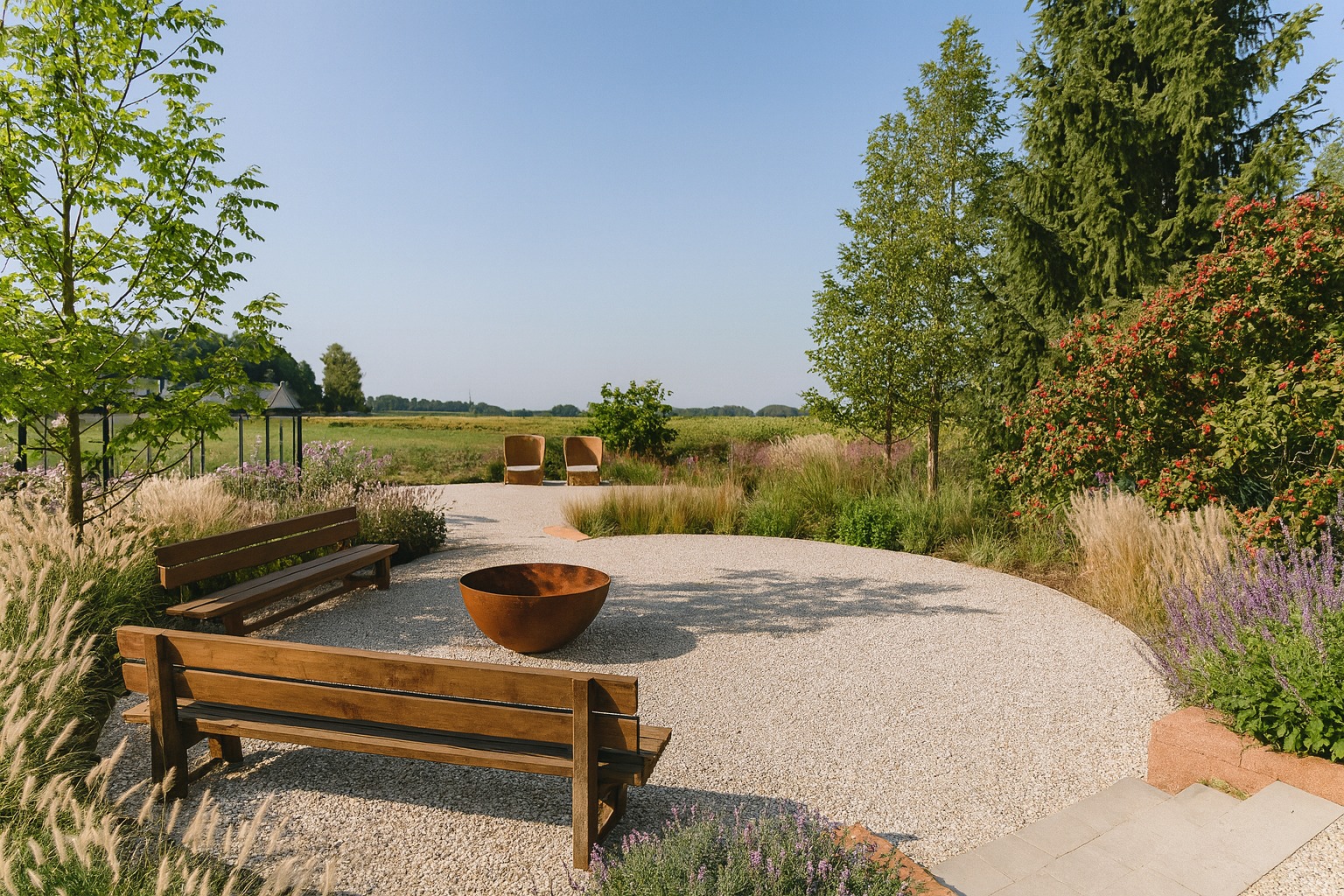 Ogród z okrągłą strefą relaksu: żwirowe podłoże, drewniane ławki, misa paleniskowa, ozdobne trawy i kwitnące rośliny. W tle pole i drzewa.