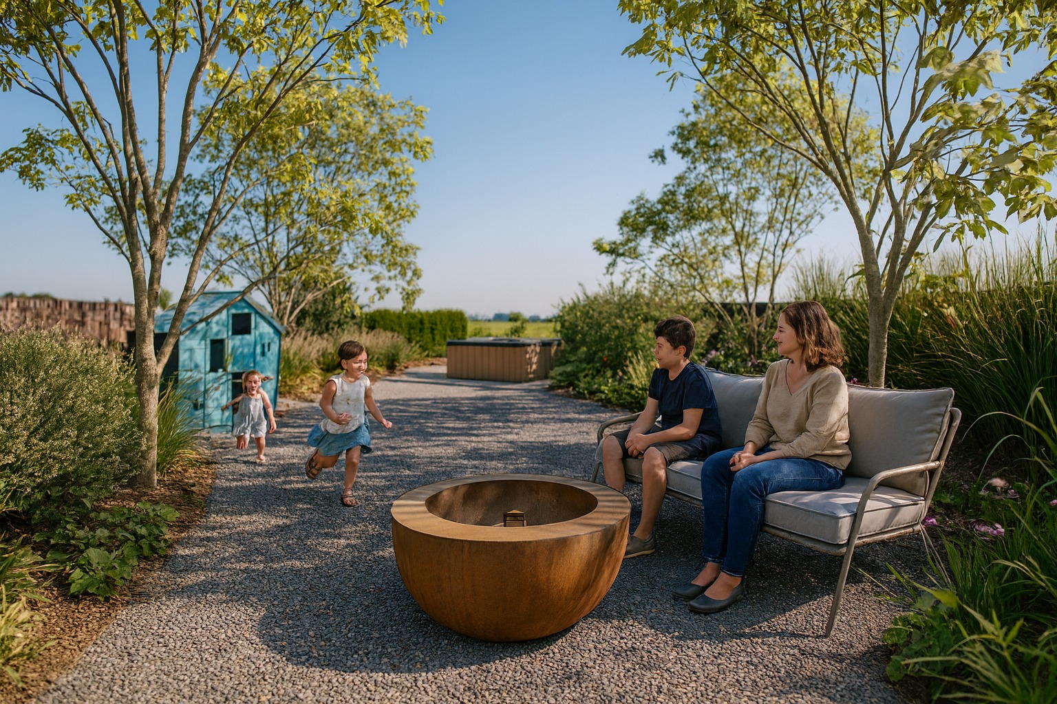Rodzinna strefa relaksu w ogrodzie: metalowa misa paleniskowa, sofa z poduszkami, ścieżka z grysu, dzieci bawiące się przy domku. Całość w letnim słońcu.
