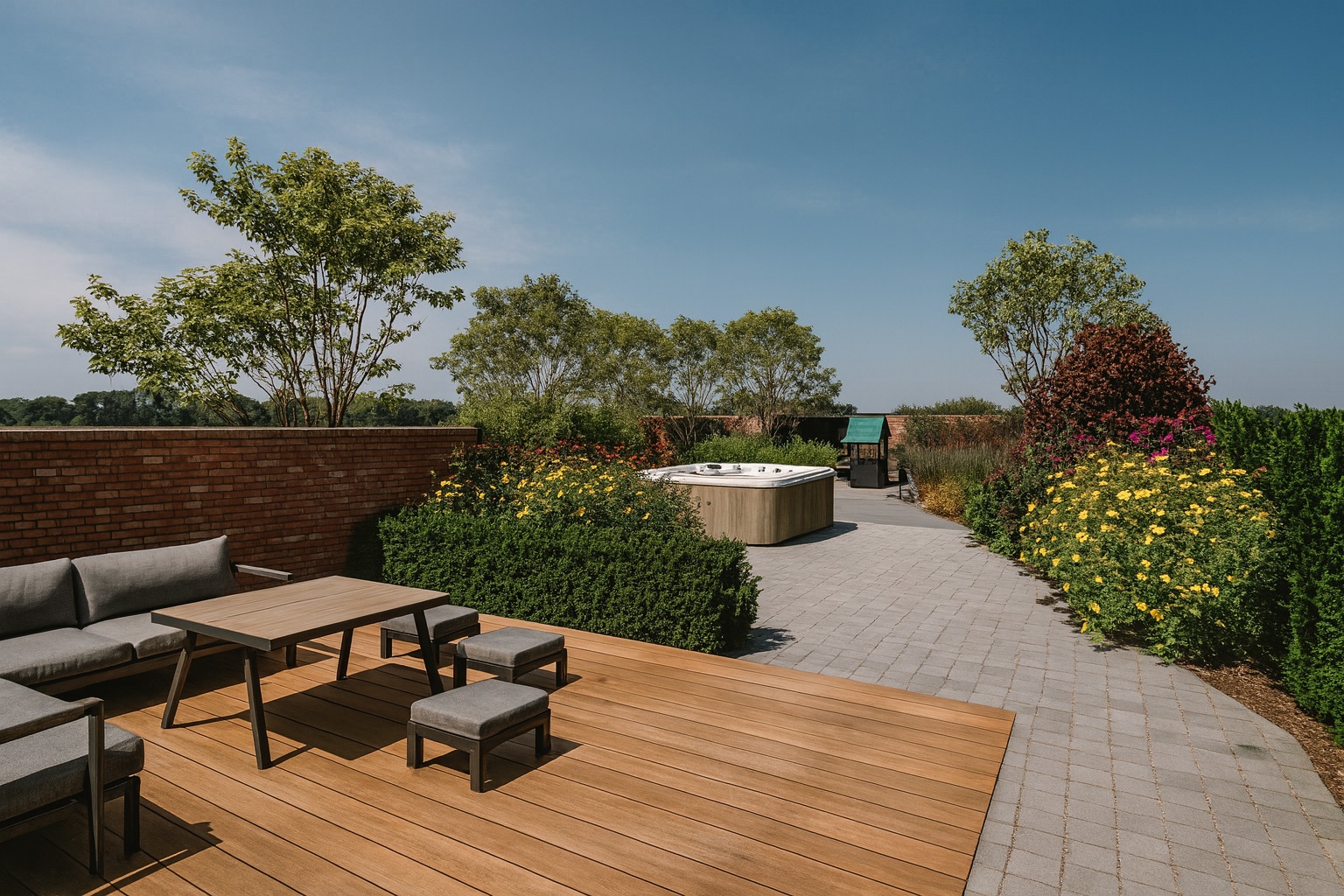 Nowoczesny ogród z drewnianym tarasem, meblami wypoczynkowymi i jacuzzi. Widoczne rośliny, krzewy i ścieżka z kostki brukowej. Całość w słoneczny dzień.