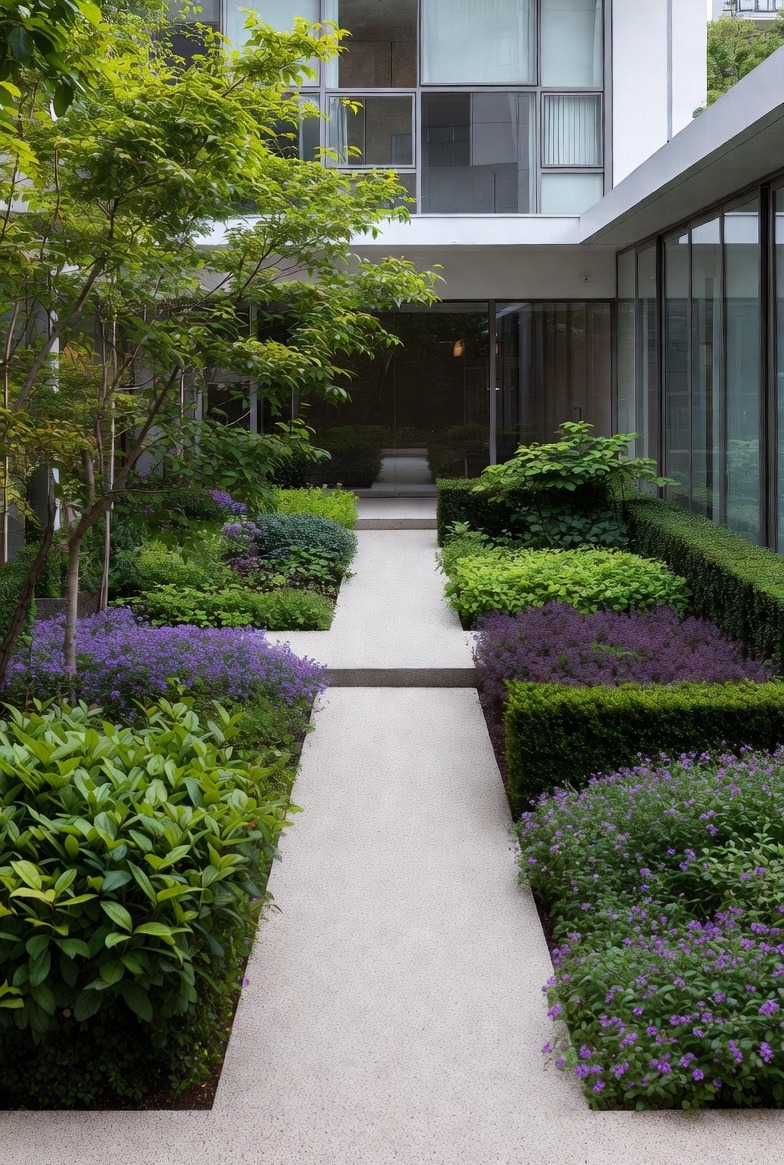 Nowoczesny ogród z geometrycznym układem roślin, ścieżką z jasnego kamienia i minimalistyczną architekturą budynku w tle. Starannie przycięte krzewy i kwitnące fioletowe kwiaty.