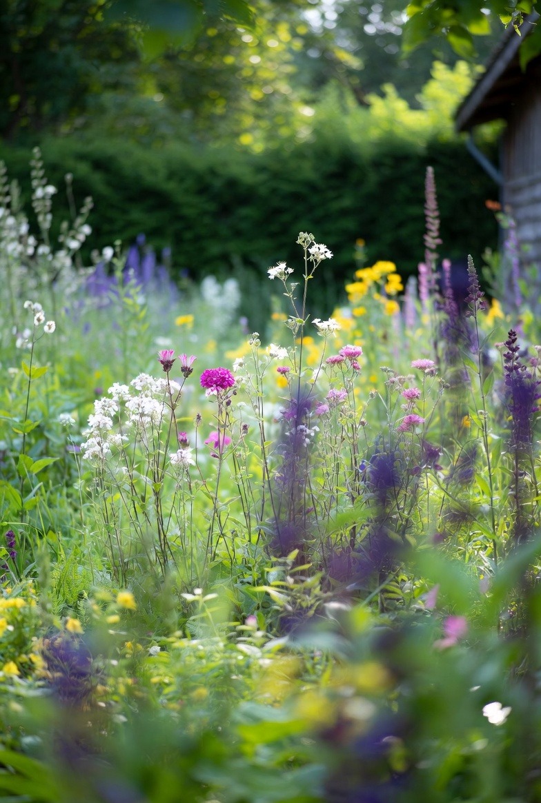 Bujny, kwitnący ogród w Sobótce z różnorodnymi kwiatami w odcieniach bieli, różu, fioletu i żółci, tworzący naturalną, malowniczą kompozycję. W tle zielony żywopłot i fragment budynku.