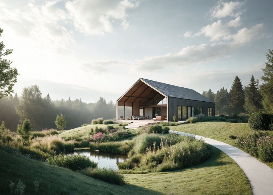 Nowoczesny dom z ogrodem naturalistycznym, stawem i ścieżką. Minimalistyczna architektura wkomponowana w krajobraz. Poranna mgła dodaje uroku.