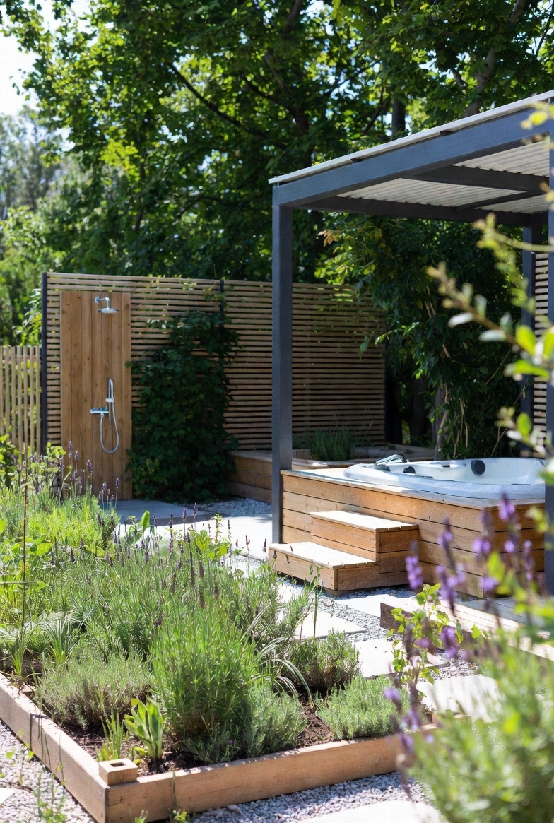 Nowoczesny ogród z drewnianą zabudową jacuzzi, prysznicem zewnętrznym i rabatami z lawendą. Minimalistyczny design z elementami naturalnego drewna i zieleni.