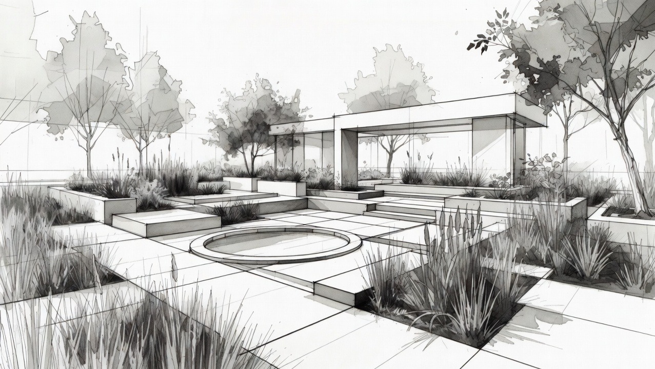 Szkic koncepcyjny ogrodu z geometrycznym układem rabat, okrągłym oczkiem wodnym i minimalistyczną architekturą w tle, wykonany w czerni i bieli.