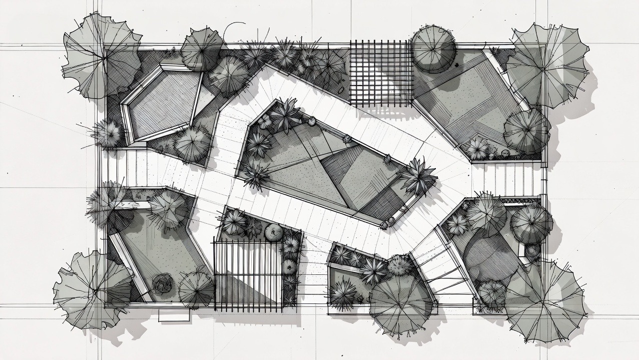 Szkic koncepcyjny zagospodarowania terenu z góry: geometryczne ścieżki, zieleń, elementy architektoniczne. Ręcznie rysowany plan ogrodu w odcieniach szarości.