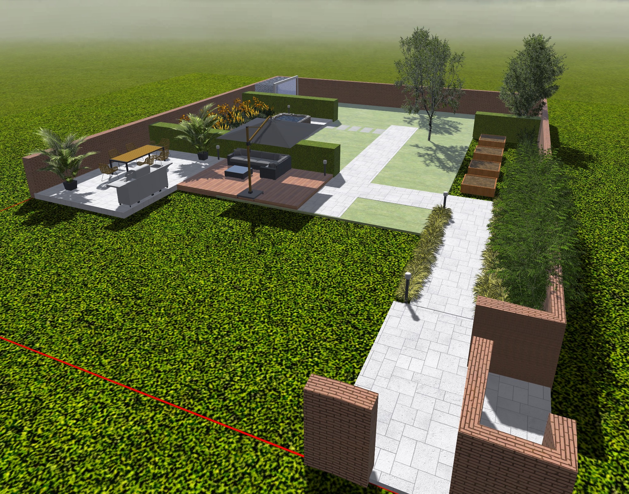 Wizualizacja ogrodu z tarasem, meblami ogrodowymi, ścieżką z płyt, trawnikiem i roślinnością, otoczonego ceglanym murem. Widok z góry.