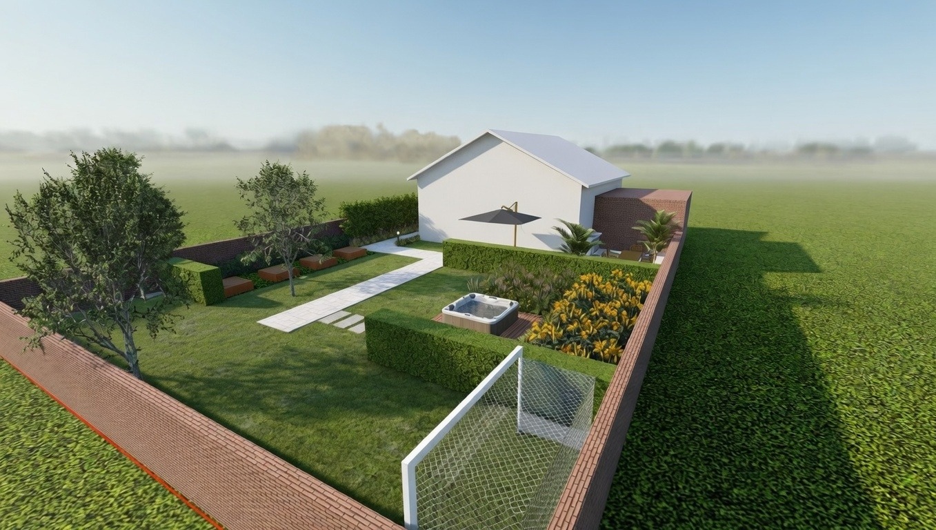 Wizualizacja ogrodu z jacuzzi, ścieżką z płyt, kwiatami i boiskiem. Ogród otoczony murem z cegły, widok z góry, słoneczny dzień. Projekt ogrodu z elementami rekreacyjnymi.