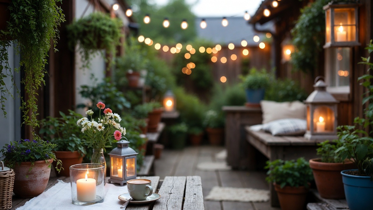 Urokliwy taras z drewnianą podłogą, oświetlony girlandami żarówek. Na pierwszym planie stolik z kwiatami, świecą i filiżanką kawy. Zieleń roślin w tle.