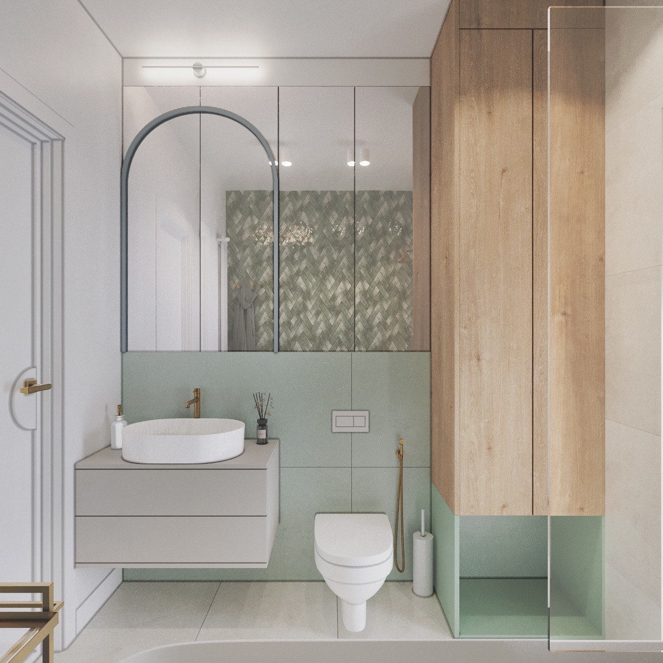 Nowoczesna łazienka z umywalką nablatową, toaletą i szafką z drewnianymi frontami. Uwagę przykuwają zielone płytki i lustro w kształcie łuku.