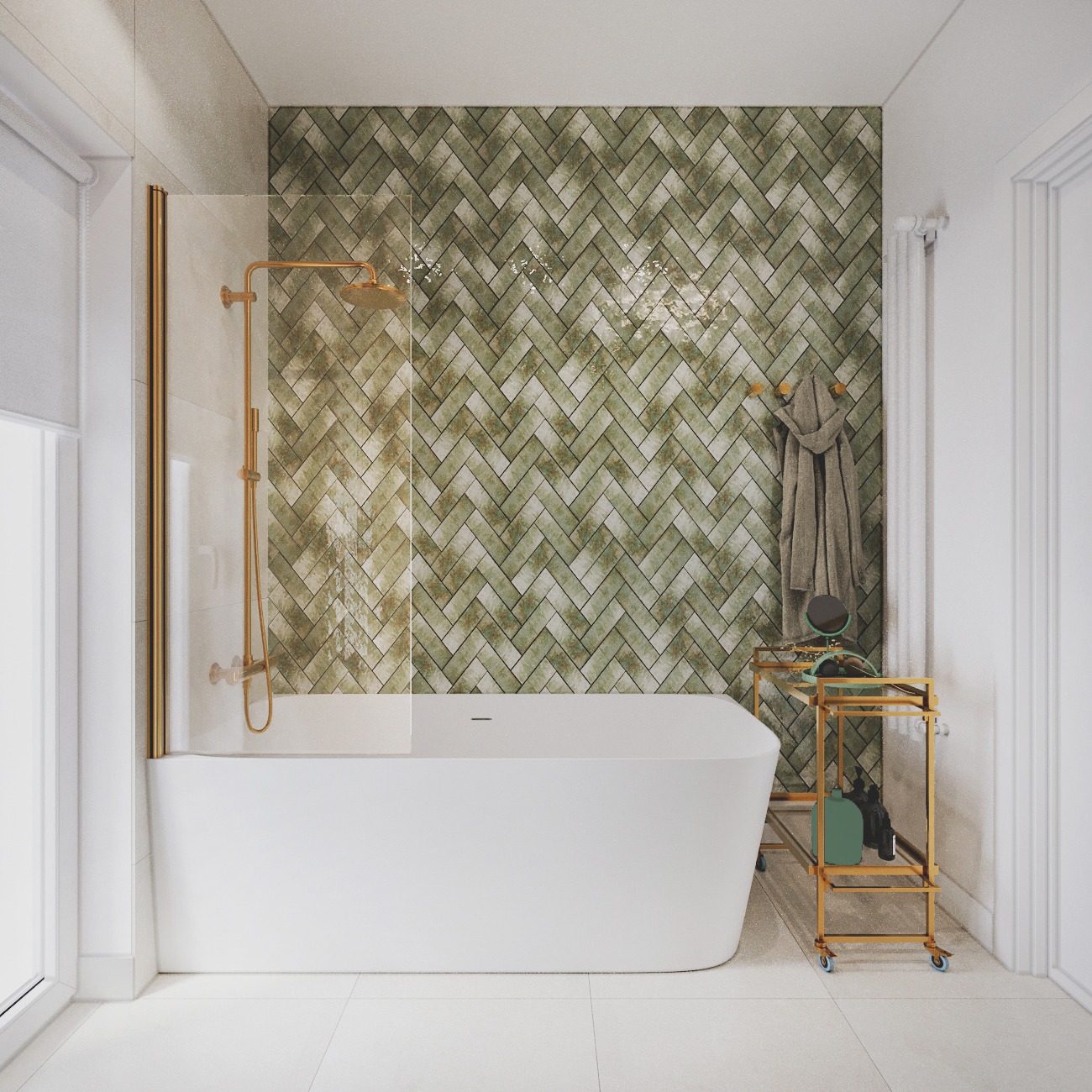 Nowoczesna łazienka z białą wanną, złotą armaturą i zieloną mozaiką w jodełkę na ścianie. W tle widać wózek łazienkowy w kolorze złota i szary ręcznik.