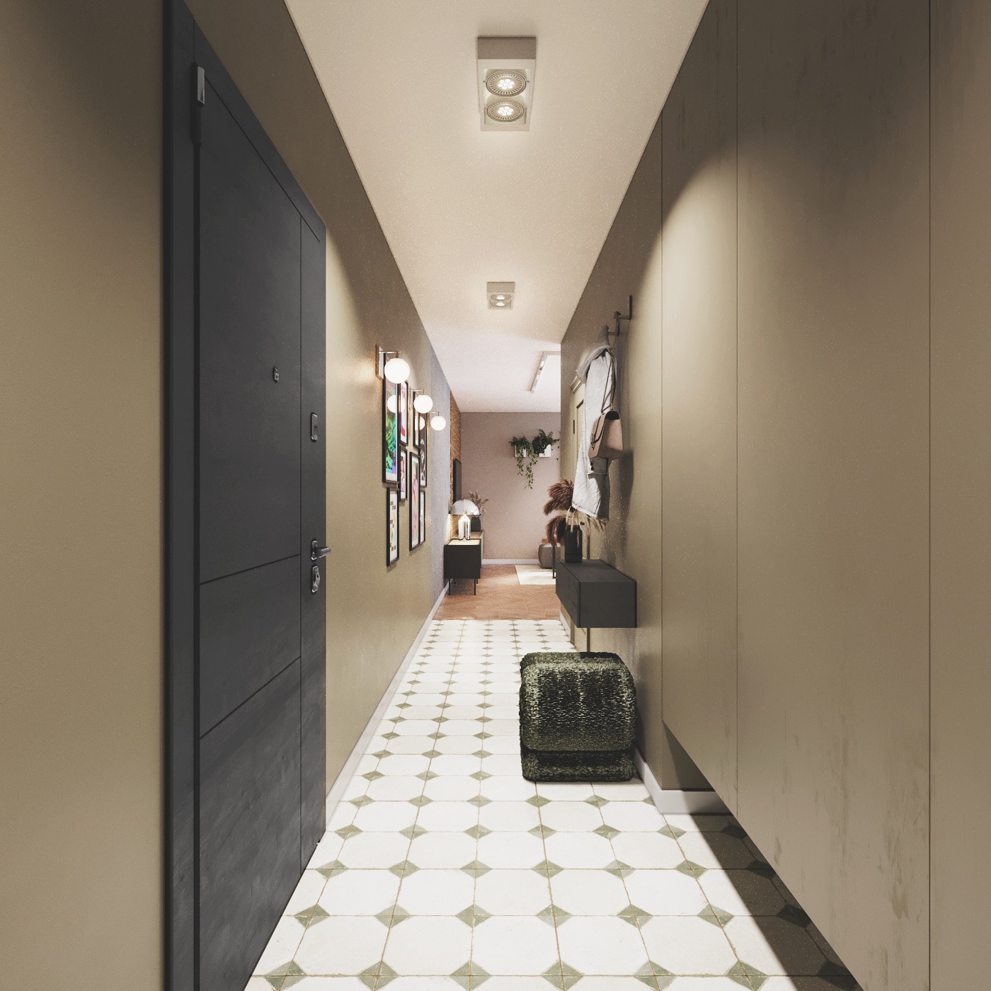 Nowoczesny przedpokój z ciemnymi drzwiami, wzorzystą podłogą i minimalistycznymi meblami. Ciepłe oświetlenie i dekoracje ścienne tworzą przytulną atmosferę.