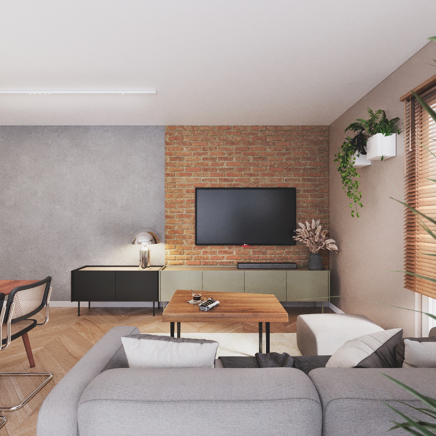 Salon z ceglaną ścianą, szarą sofą i drewnianym stolikiem kawowym. Rośliny doniczkowe dodają naturalnego akcentu. Nowoczesne oświetlenie i parkiet w jodełkę.