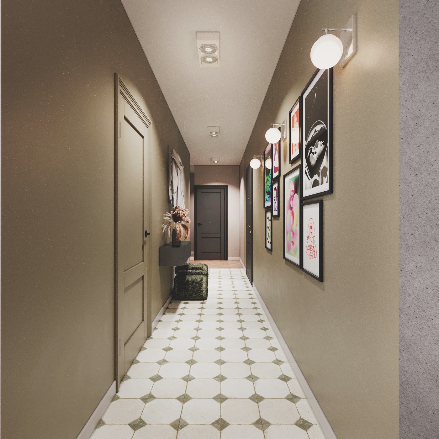 Wnętrze korytarza w odcieniach beżu z wzorzystą podłogą, oświetleniem punktowym i galerią obrazów na ścianie. Widoczny puf i dekoracje.
