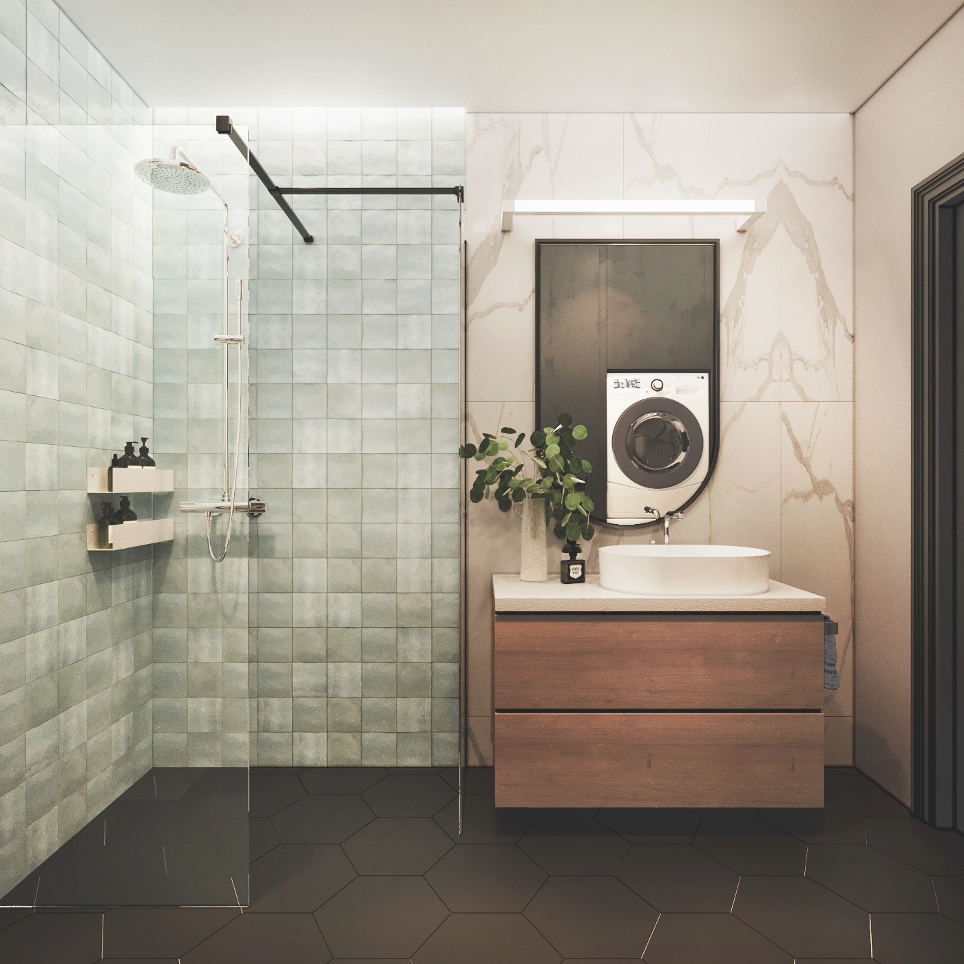 Nowoczesna łazienka z kabiną prysznicową typu walk-in, umywalką nablatową na drewnianej szafce i pralką ukrytą za lustrem. Minimalistyczny design, heksagonalna podłoga.