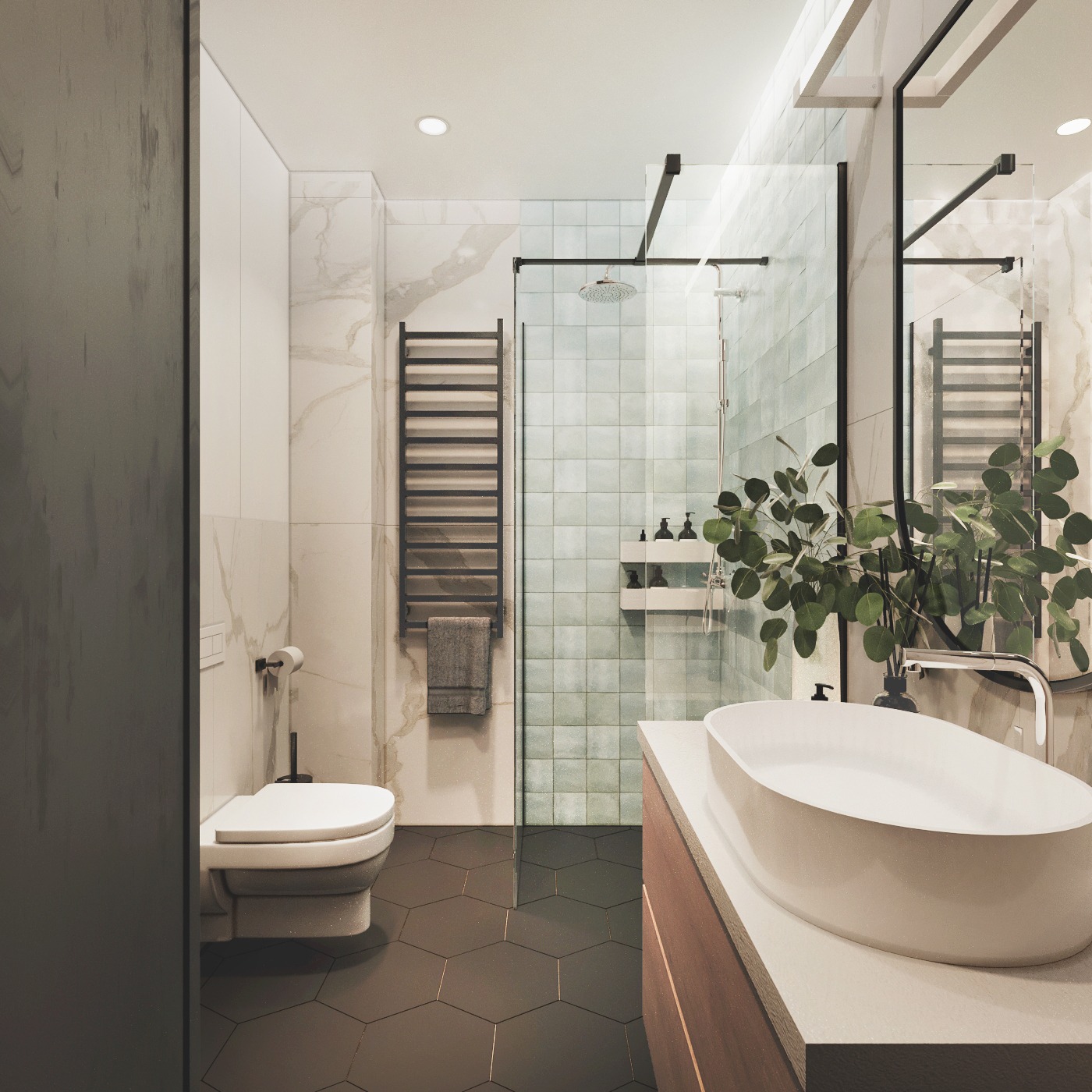 Nowoczesna łazienka z heksagonalną podłogą, kabiną prysznicową typu walk-in i umywalką nablatową. Minimalistyczny grzejnik drabinkowy i marmurowe akcenty.