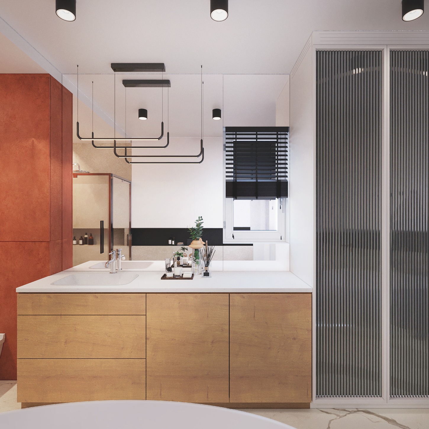 Nowoczesna łazienka z drewnianą szafką pod umywalką, minimalistycznym oświetleniem i przeszkleniami z pionowymi żłobieniami. Widoczna armatura i dekoracje.