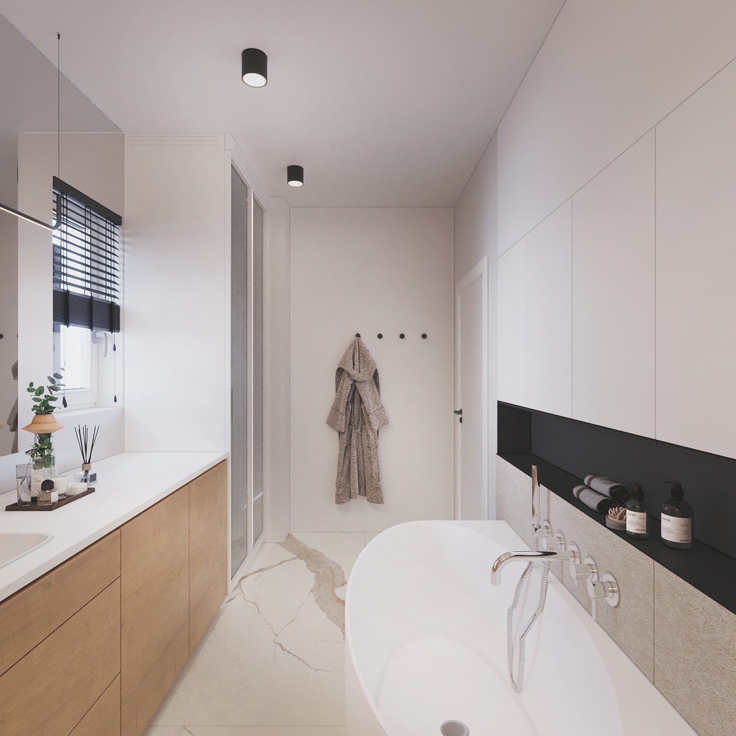 Nowoczesna łazienka z wolnostojącą wanną, drewnianymi szafkami pod umywalką i marmurową podłogą z wyraźnymi żyłami. Minimalistyczny design z akcentami w kolorze czarnym.