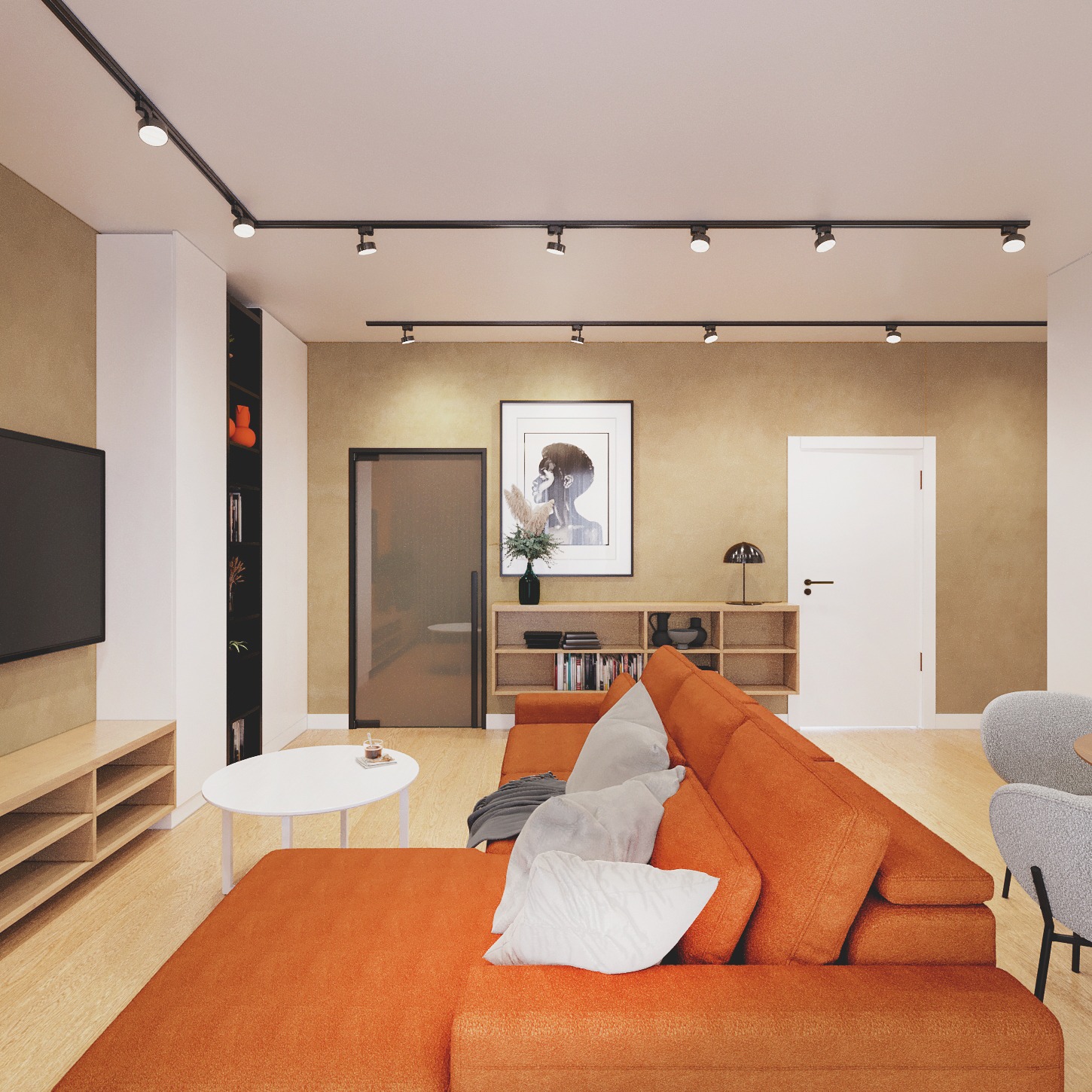 Nowoczesny salon z pomarańczową sofą modułową, oświetleniem szynowym i minimalistycznym wystrojem. Grafika na ścianie i drewniane akcenty dodają ciepła.