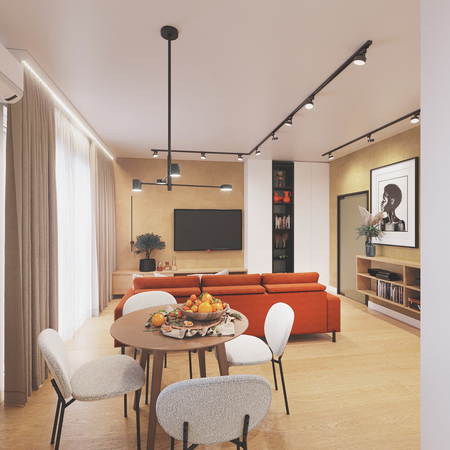 Jasne wnętrze z pomarańczową sofą i okrągłym stołem z owocami. Nowoczesne oświetlenie sufitowe i minimalistyczny wystrój. Widok na salon z jadalnią.