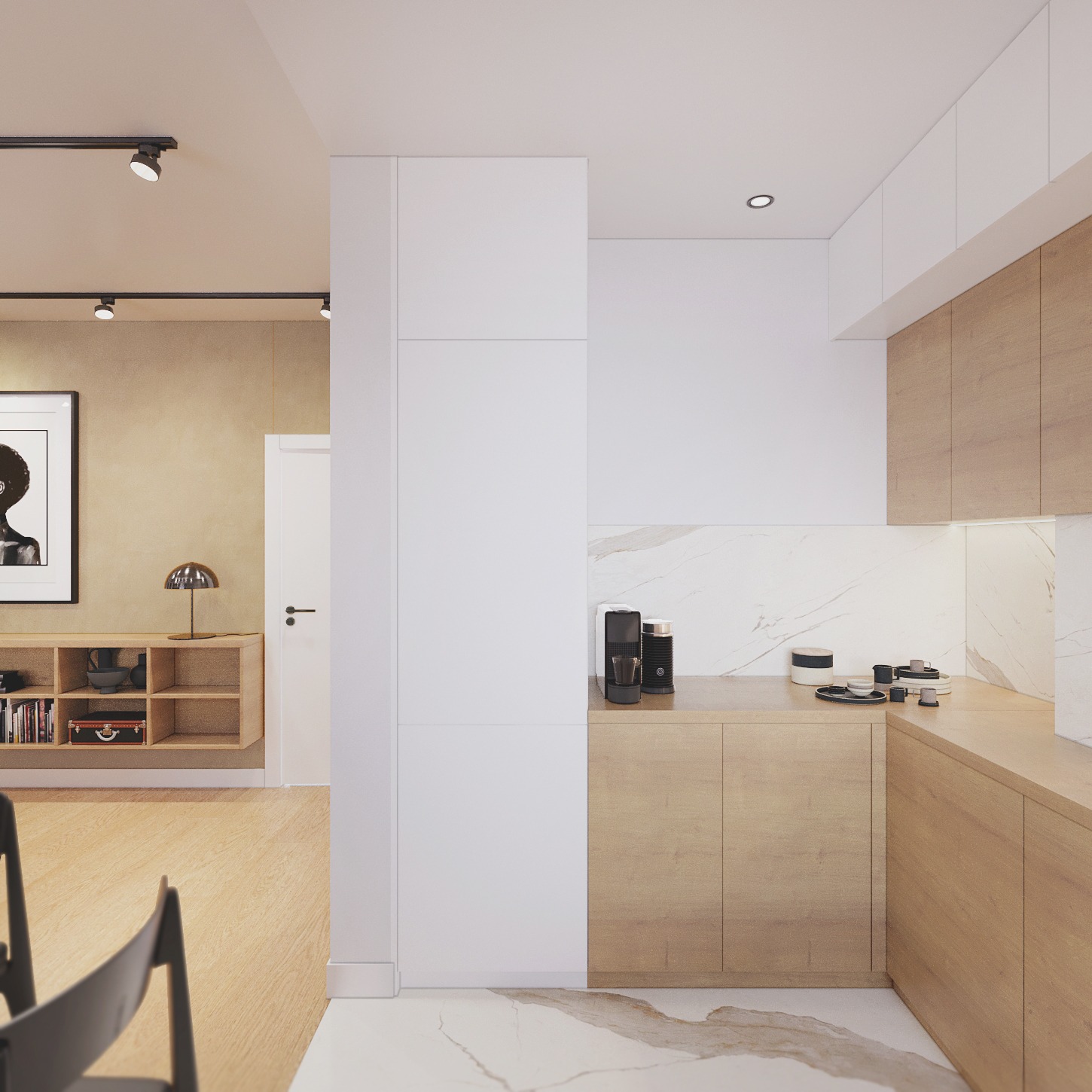 Nowoczesna kuchnia z drewnianymi szafkami i marmurowym blatem, minimalistyczny design, oświetlenie punktowe, widok na salon z grafiką na ścianie.