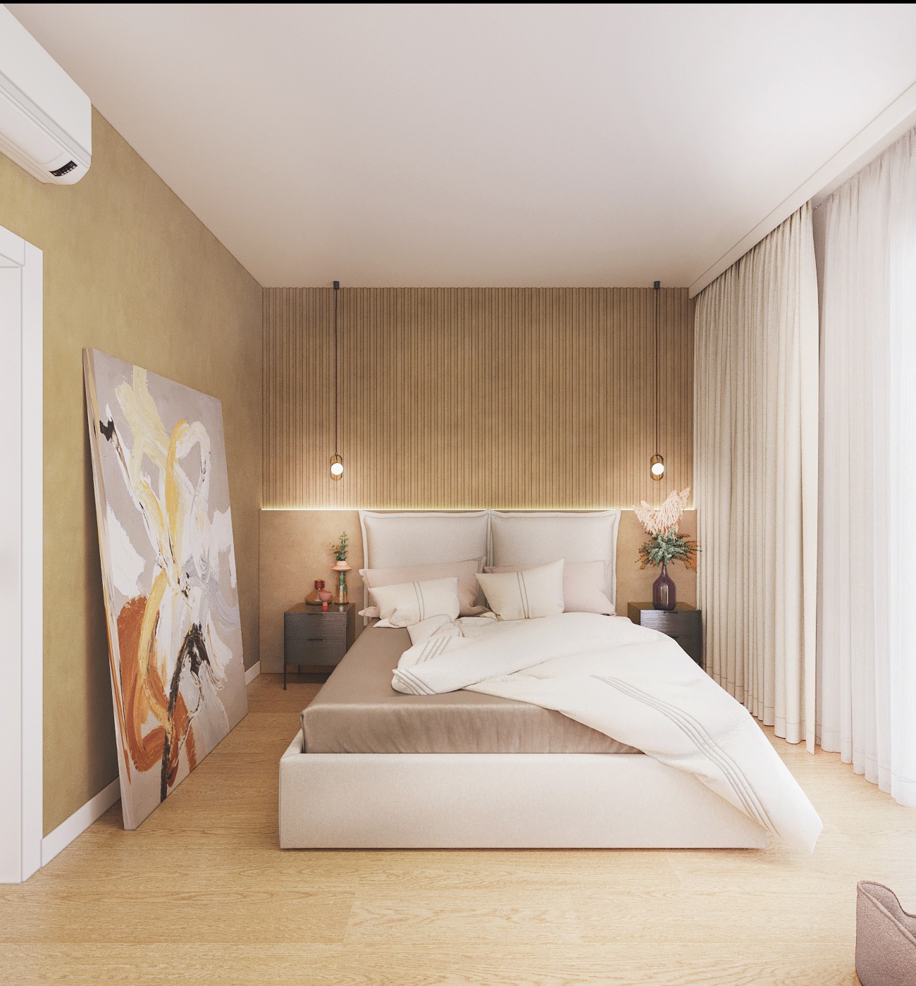 Beżowa sypialnia z łóżkiem typu king-size, drewnianą ścianą z oświetleniem punktowym i abstrakcyjnym obrazem opartym o ścianę. Stonowana kolorystyka, minimalistyczny design.