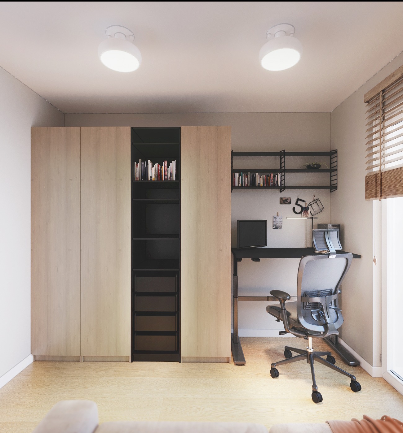 Nowoczesny pokój do pracy z biurkiem, ergonomicznym krzesłem i dużą szafą z półkami na książki. Jasne drewno i stonowana kolorystyka tworzą minimalistyczną przestrzeń.