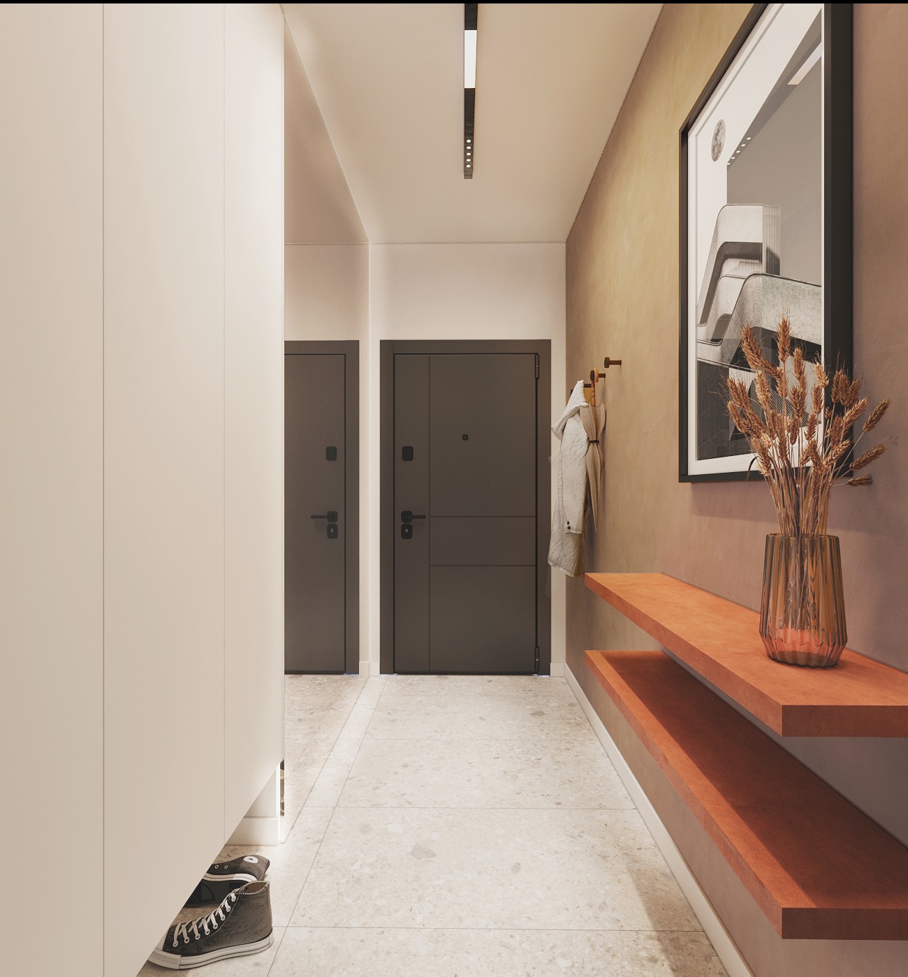 Nowoczesny przedpokój z beżową szafą, drewnianą półką, obrazem w czarnej ramie i dekoracyjnym wazonem. Minimalistyczny design z dwiema parami drzwi.