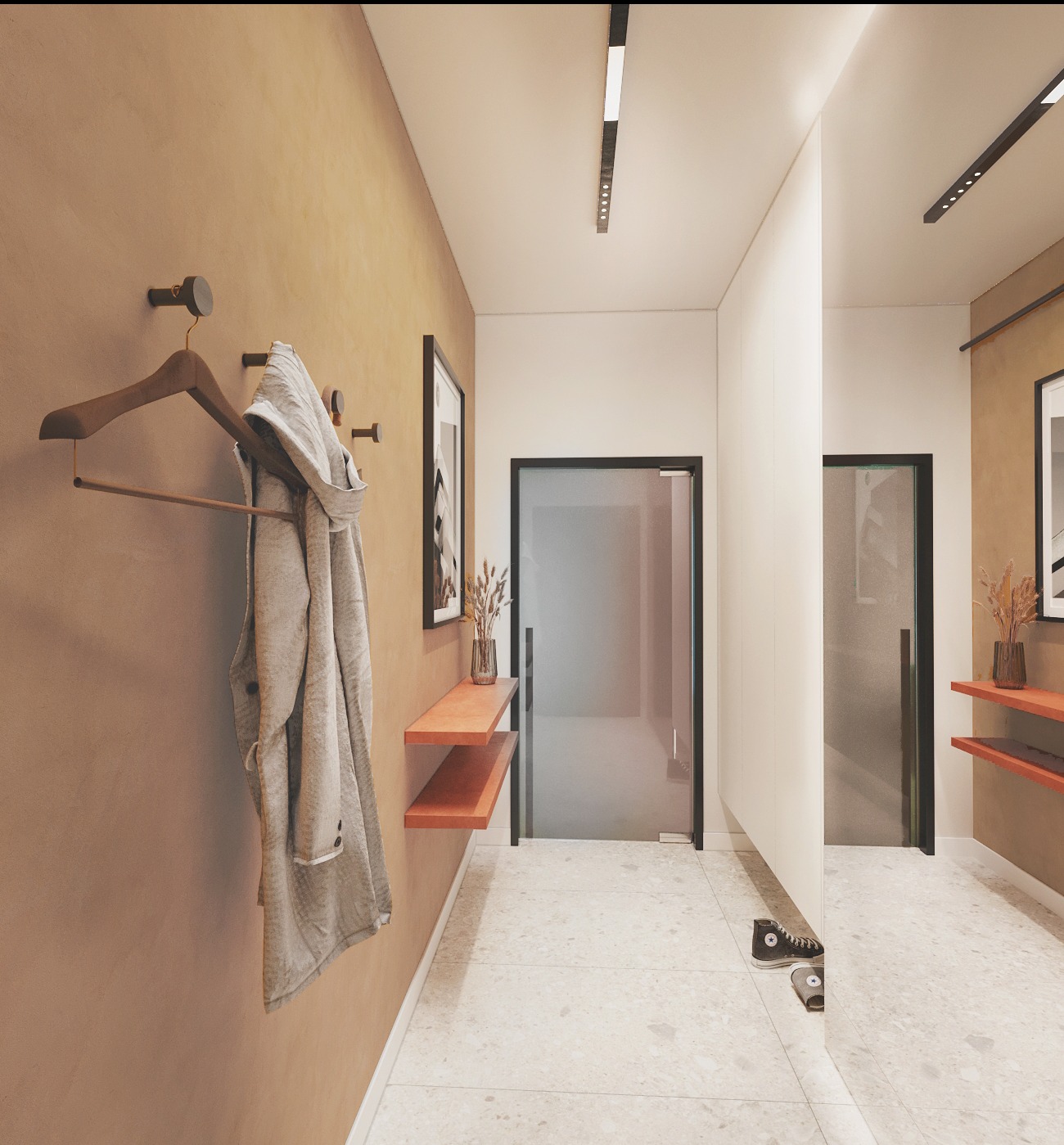 Nowoczesny przedpokój z beżowymi ścianami, drewnianym wieszakiem z płaszczem, półkami i lustrem. Minimalistyczny design z oświetleniem LED i szarymi drzwiami.