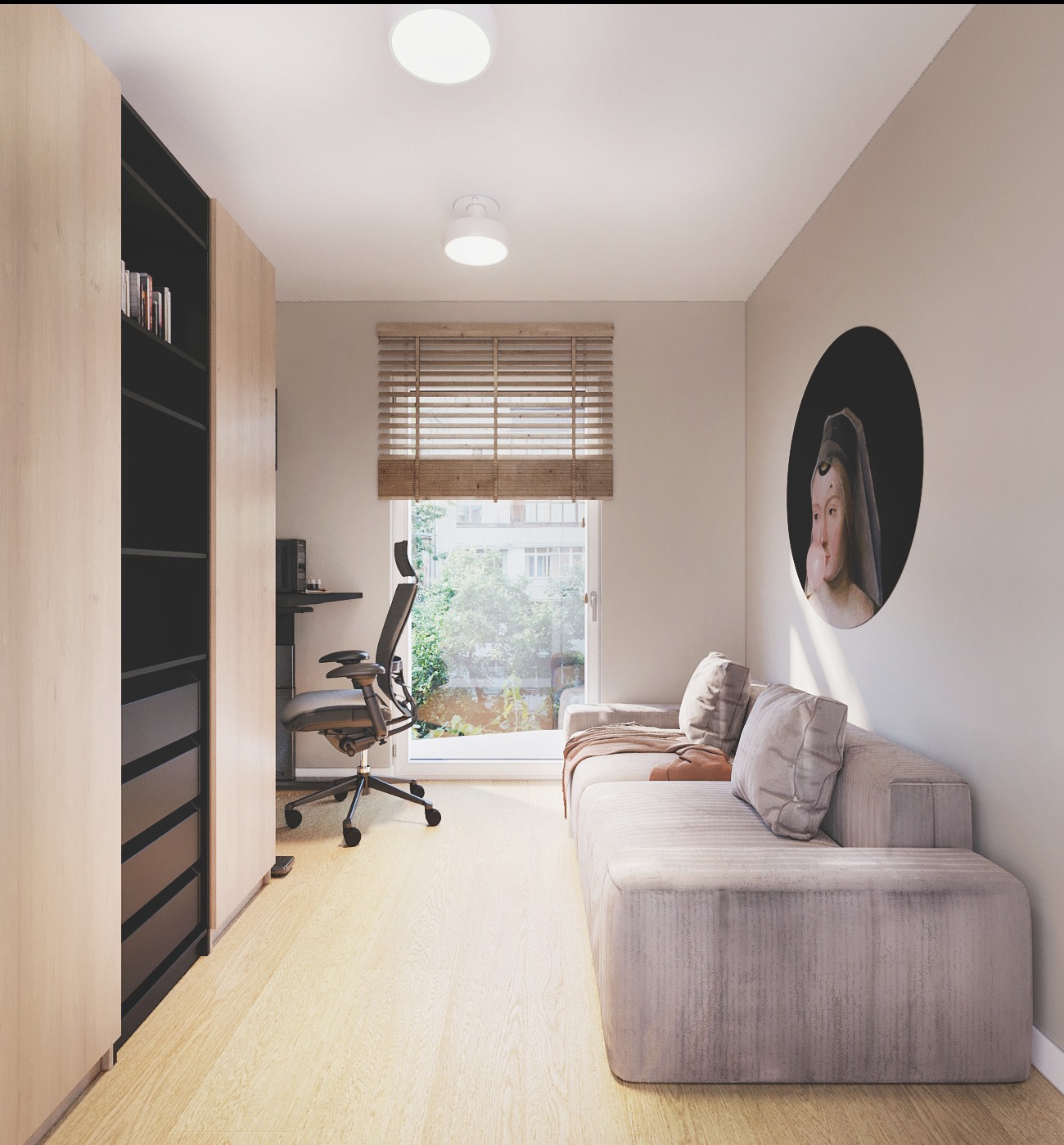 Jasne biuro domowe z sofą, biurkiem i regałem. Okno z żaluzjami wpuszcza światło. Na ścianie okrągły obraz. Nowoczesny design, neutralna kolorystyka, minimalistyczny styl.