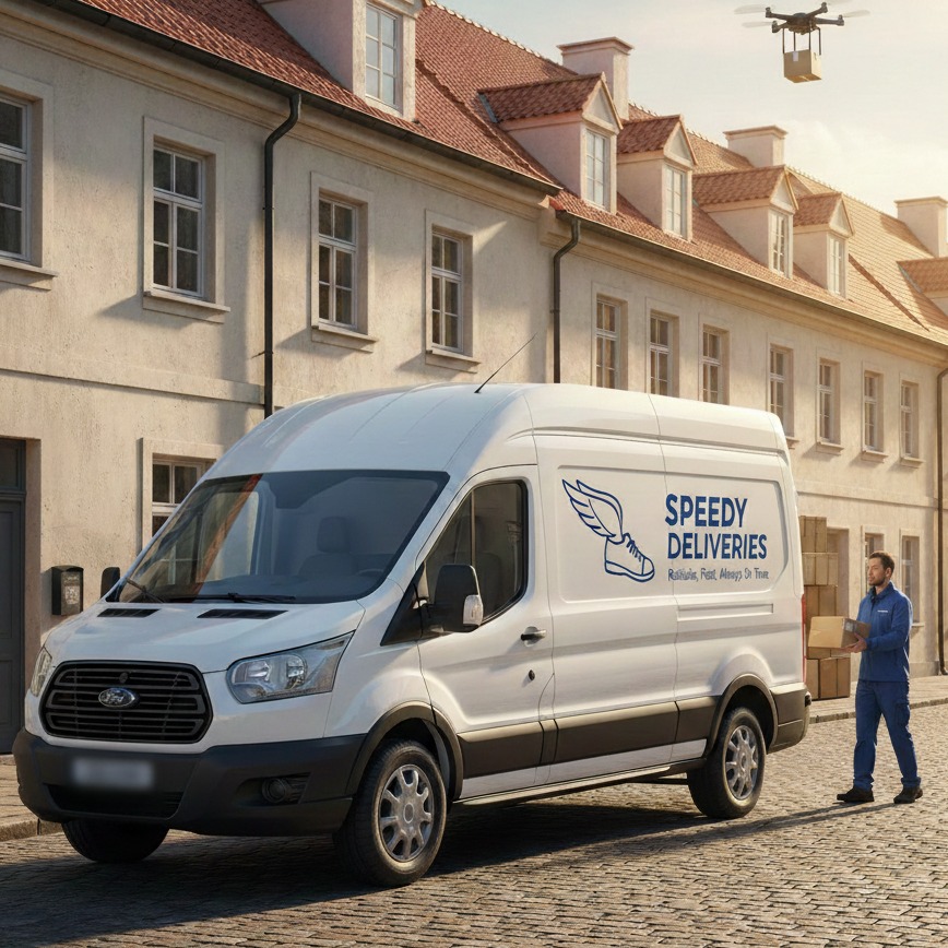 Dostawa dronem z cukierni we Wrocławiu: biały van 'Speedy Deliveries' na tle kamienic, pracownik z paczką i dron z pudełkiem w powietrzu. Szybka i nowoczesna usługa.