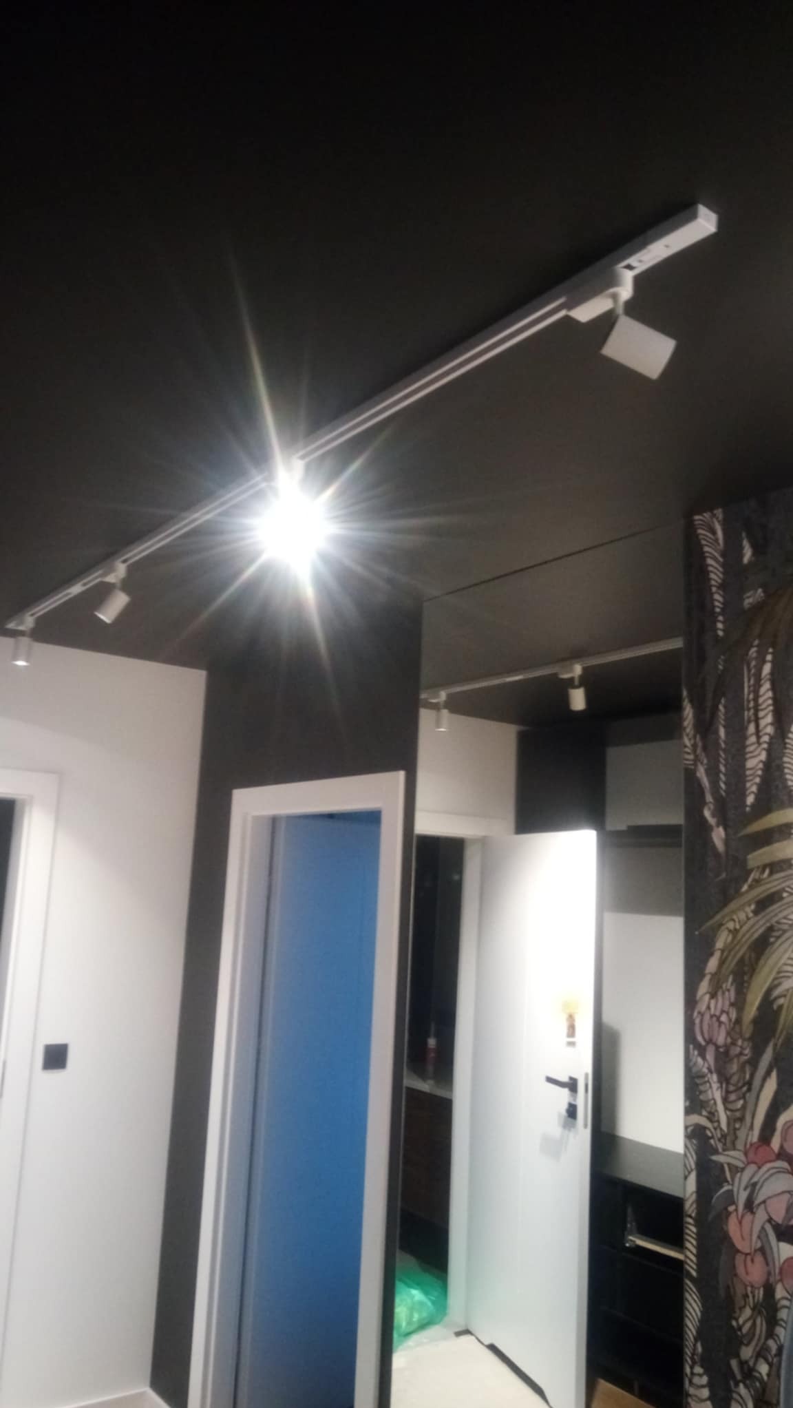 Nowoczesne oświetlenie szynowe z reflektorami w przedpokoju z ciemnym sufitem i jasnymi ścianami. Widoczne drzwi i lustro.