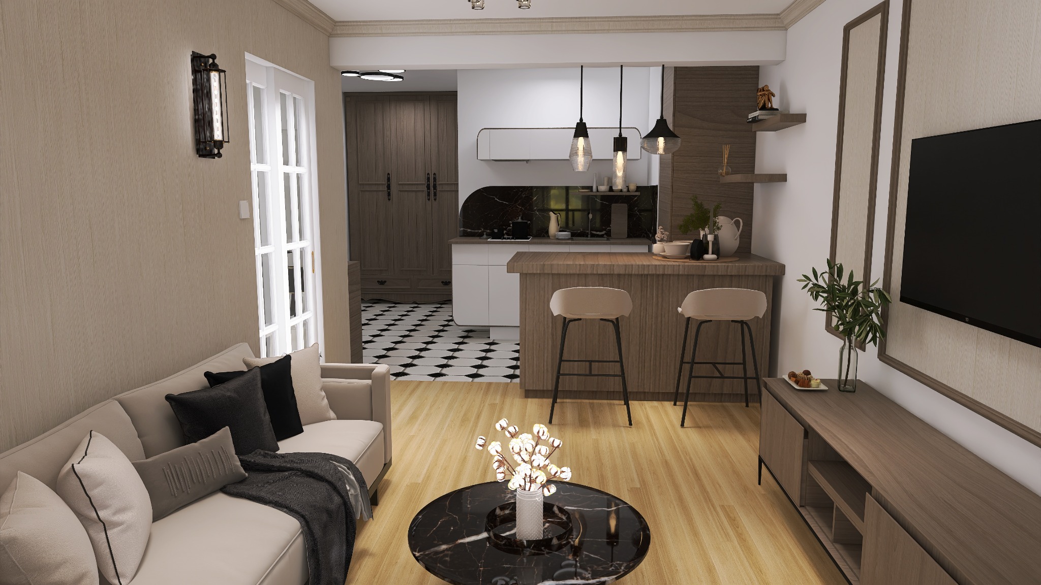 Nowoczesne wnętrze: salon z aneksem kuchennym, beżowa sofa z poduszkami, marmurkowy stolik kawowy i wyspa kuchenna z hokerami. Parkiet w jodełkę.