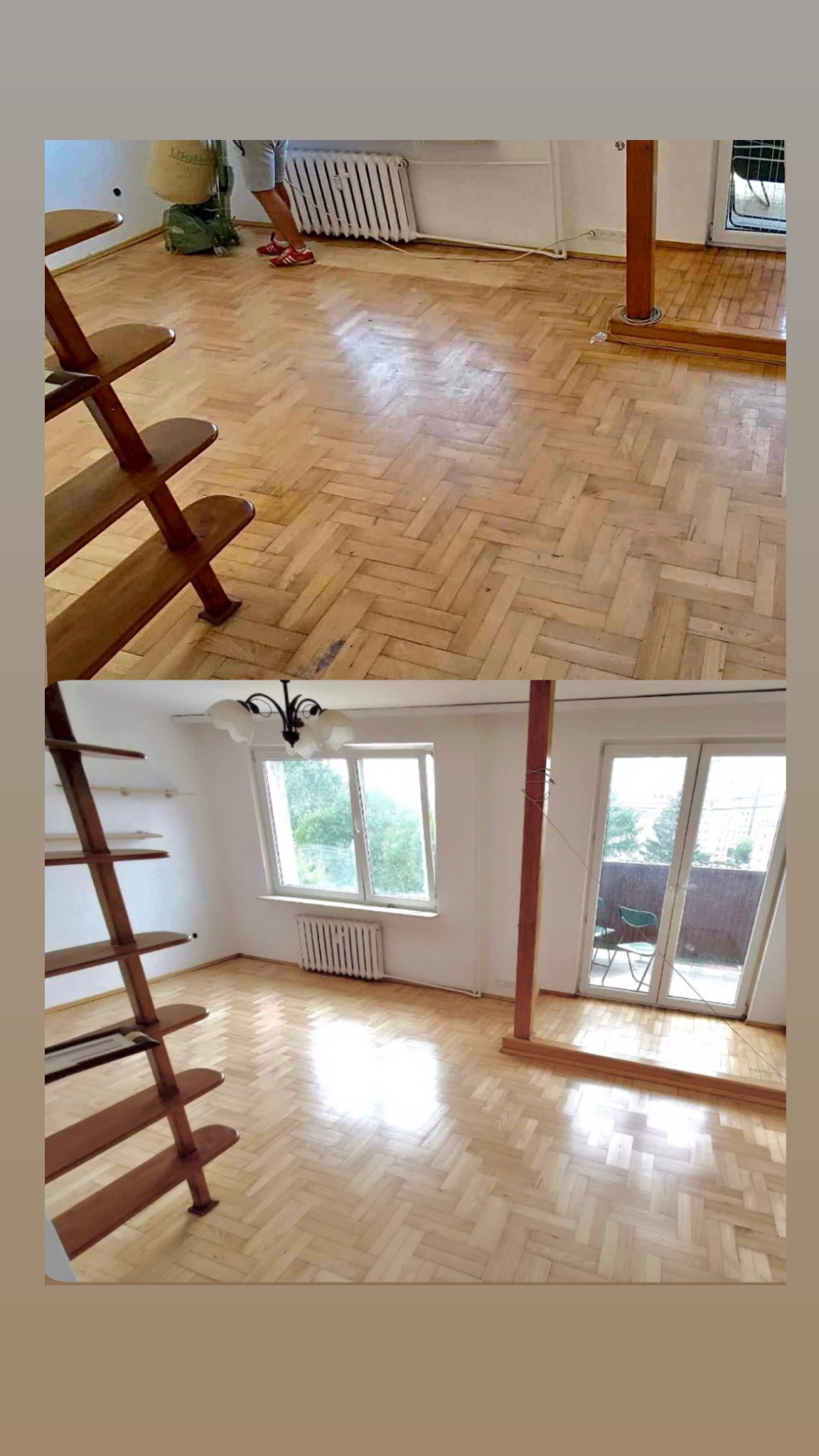 Parkiet w jodełkę przed i po renowacji. Na górze widoczna osoba z maszyną. Na dole odnowiona podłoga z widokiem na okno i balkon.