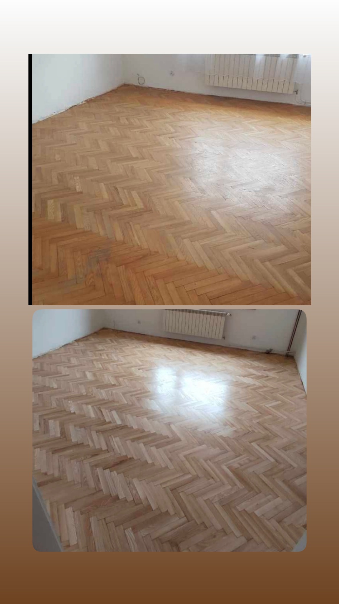 Parkiet ułożony w jodełkę przed i po renowacji. Górna część zdjęcia pokazuje parkiet przed, a dolna po. Widoczny grzejnik i fragment ściany.