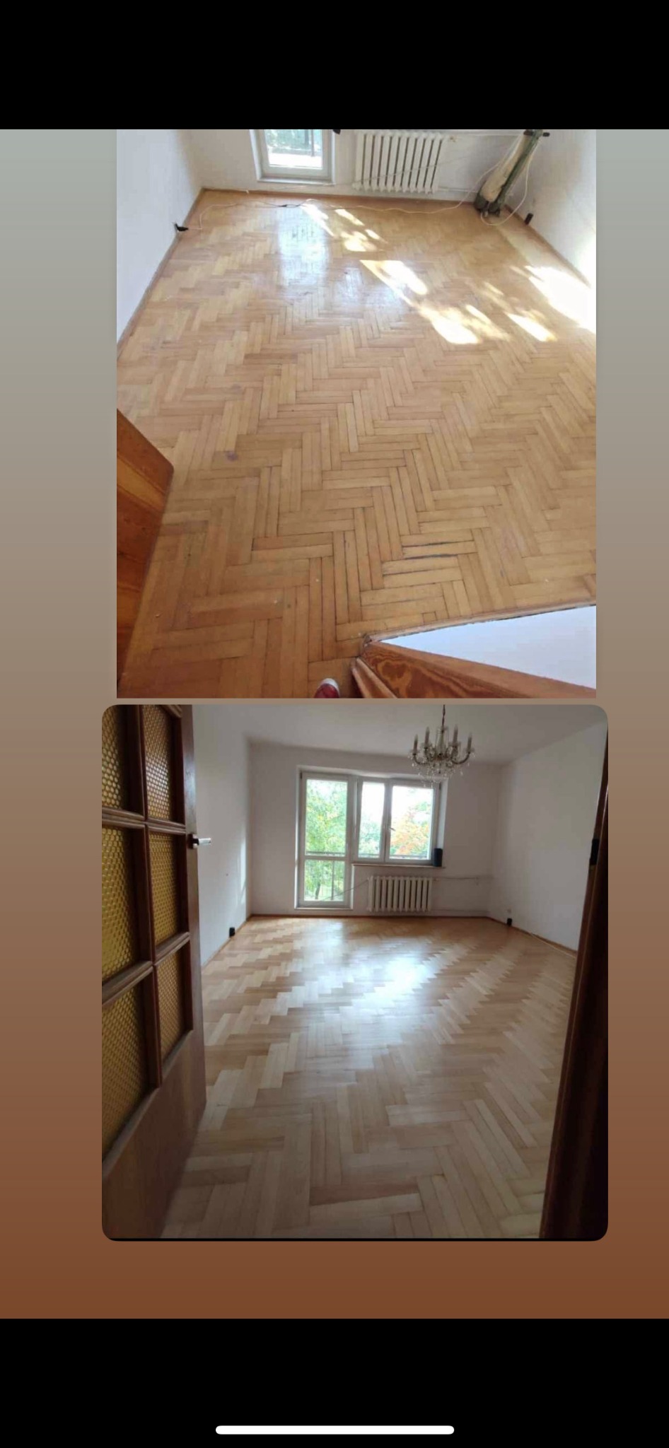 Parkiet po cyklinowaniu: jodełka klasyczna, jasne drewno, widok z góry i perspektywa z otwartymi drzwiami. Efekt renowacji podłogi.