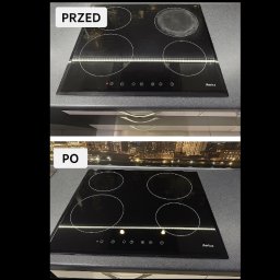 CzystoSPACE - Płyta indukcyjna Amica: widok przed i po czyszczeniu. Górne ujęcie pokazuje zabrudzenia, dolne - lśniącą powierzchnię. Efekt czyszczenia płyty indukcyjnej.