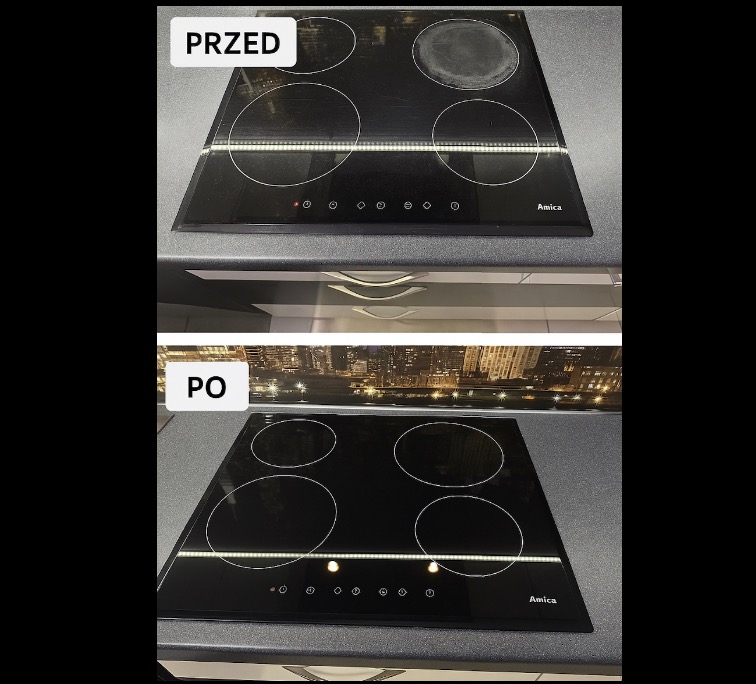 Płyta indukcyjna Amica: widok przed i po czyszczeniu. Górne ujęcie pokazuje zabrudzenia, dolne - lśniącą powierzchnię. Efekt czyszczenia płyty indukcyjnej.