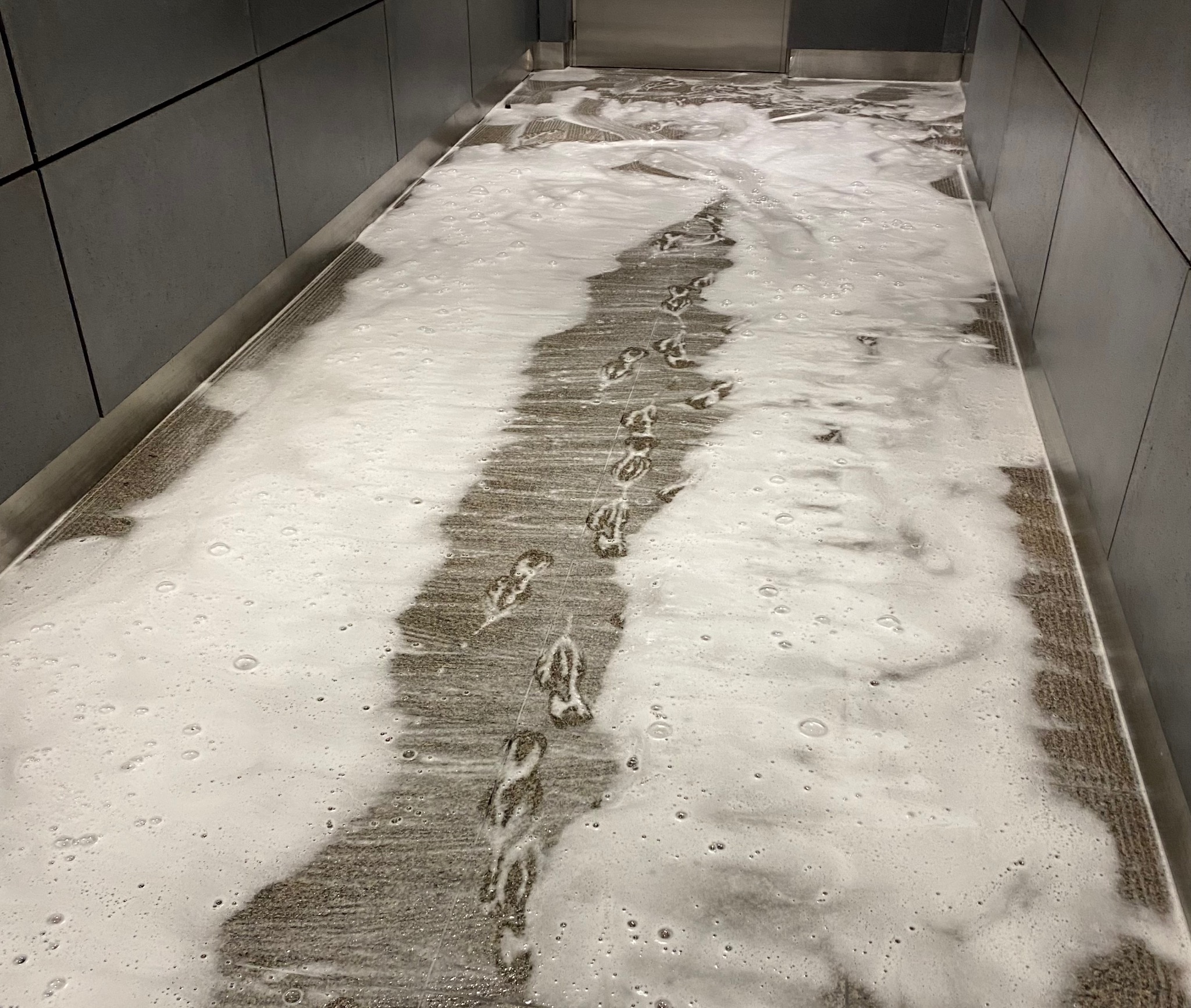 Dywan pokryty pianą czyszczącą z widocznymi śladami stóp, sugerujący etap prania. Szare płytki na ścianach i metalowe wykończenia dodają nowoczesnego charakteru wnętrzu.