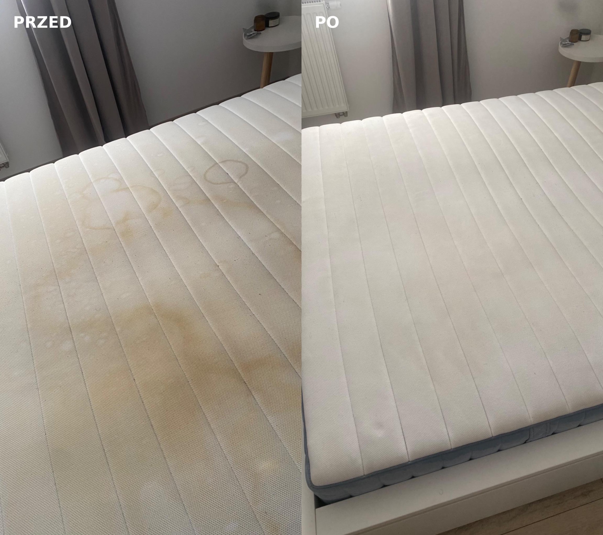 Materac po czyszczeniu: po lewej stronie widoczne plamy, po prawej czysty, biały materac. Układ 'przed i po' prezentuje efekt usługi.
