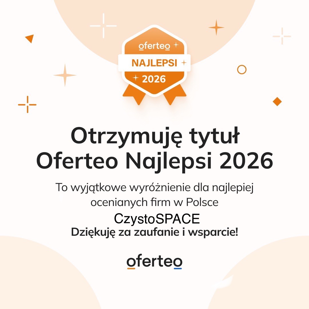 Grafika z logotypem Oferteo Najlepsi 2026, wyróżniająca firmę CzystoSPACE za wysokie oceny w Polsce. Jasne tło z pomarańczowymi akcentami i tekstem informacyjnym.