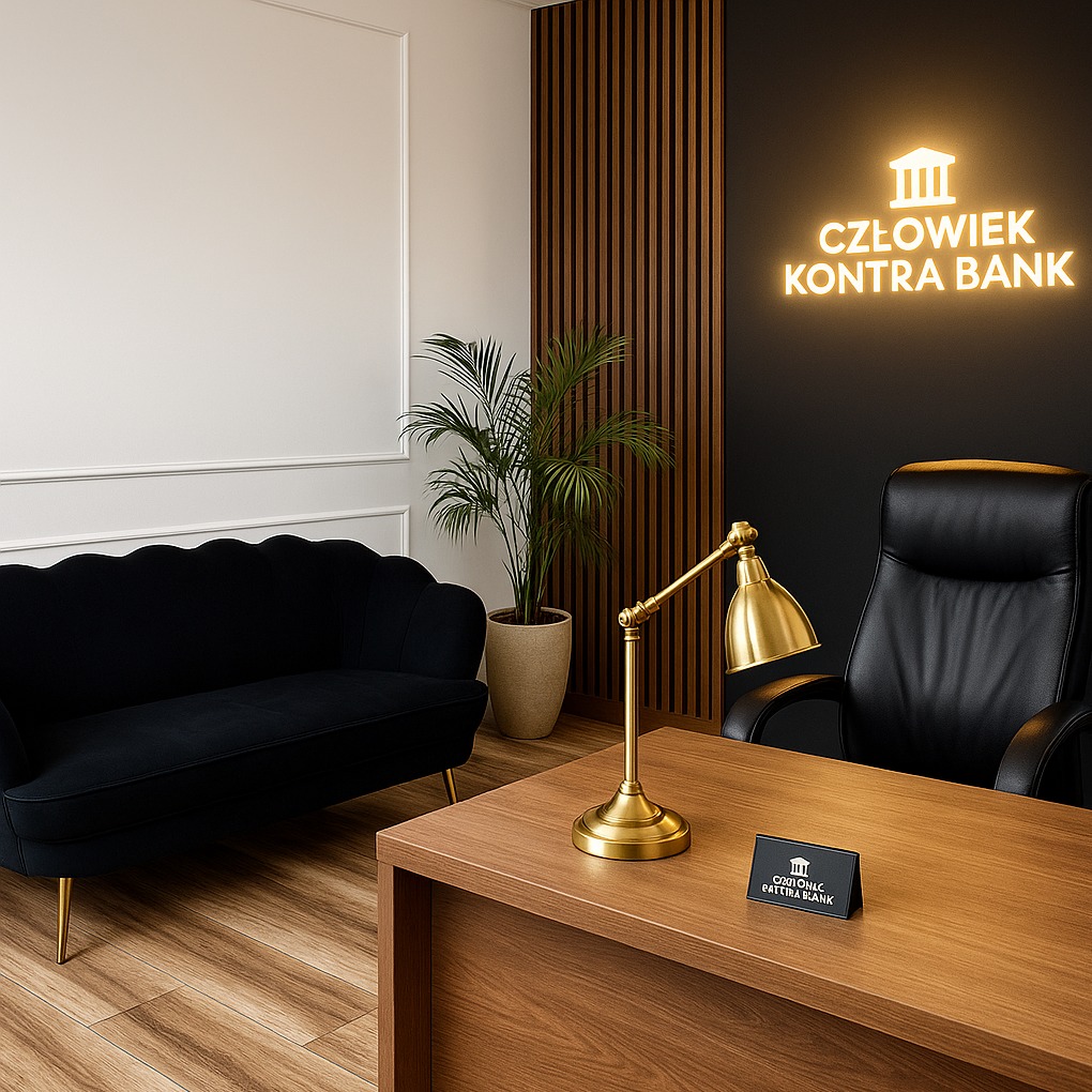 Eleganckie biuro z neonem 'Człowiek Kontra Bank', czarna sofa, drewniane lamele i biurko z lampką. Reprezentacyjne wnętrze kancelarii prawnej.