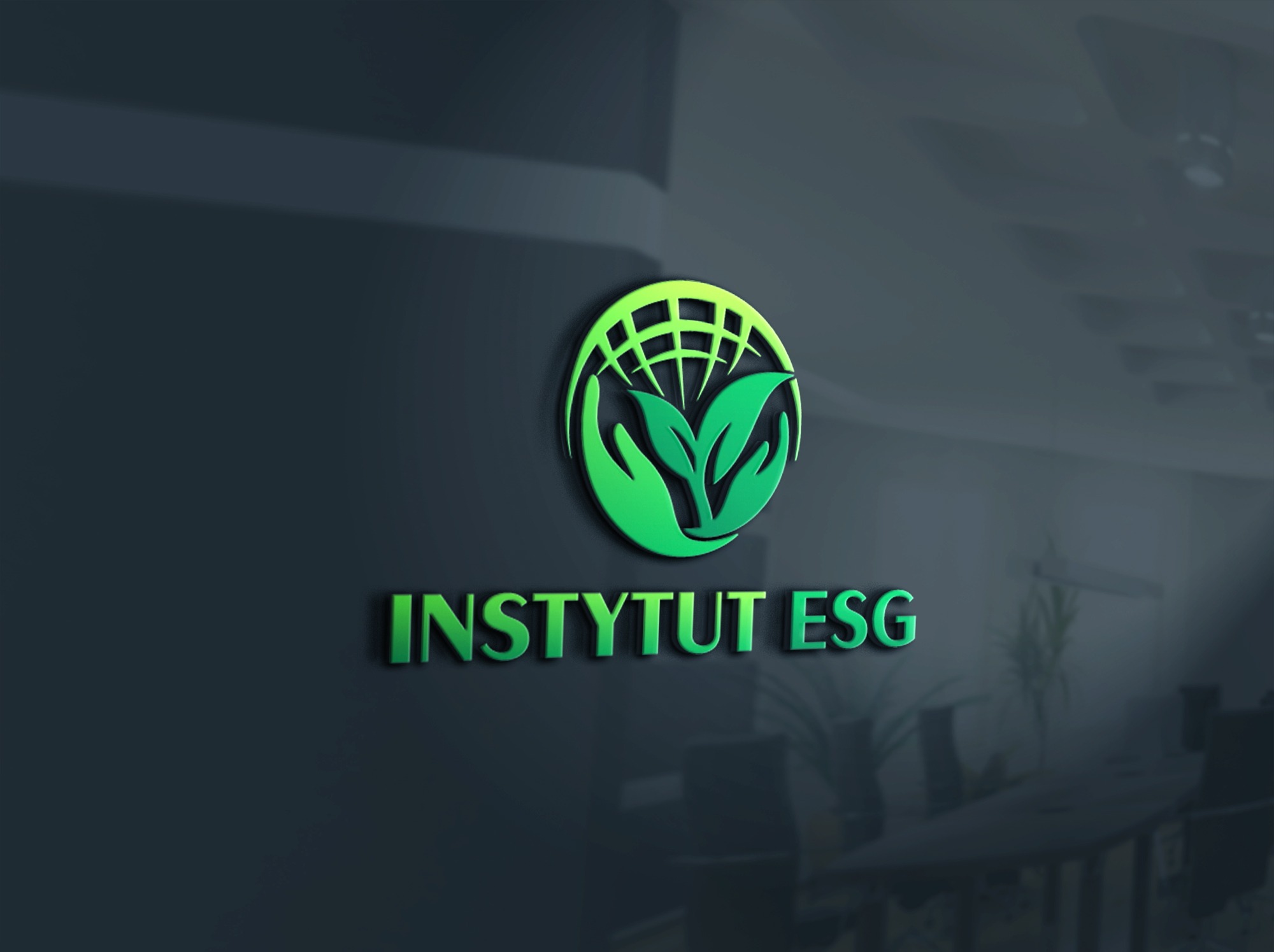 Grafika 3D z logo Instytutu ESG: zielony glob z dłońmi i liśćmi na ciemnym tle biura. Nowoczesny design z efektem głębi.