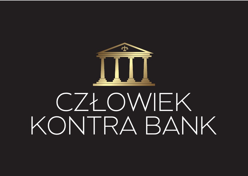 Eleganckie logo: złoty budynek z kolumnami i wagą sprawiedliwości nad napisem 'CZŁOWIEK KONTRA BANK' na czarnym tle. Minimalistyczny design.