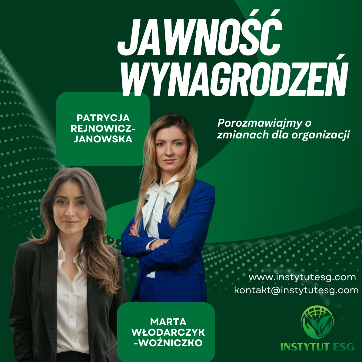 Grafika z portretami dwóch kobiet, hasłem 'Jawność Wynagrodzeń' i informacją o zmianach dla organizacji. Logo Instytut ESG w prawym dolnym rogu.