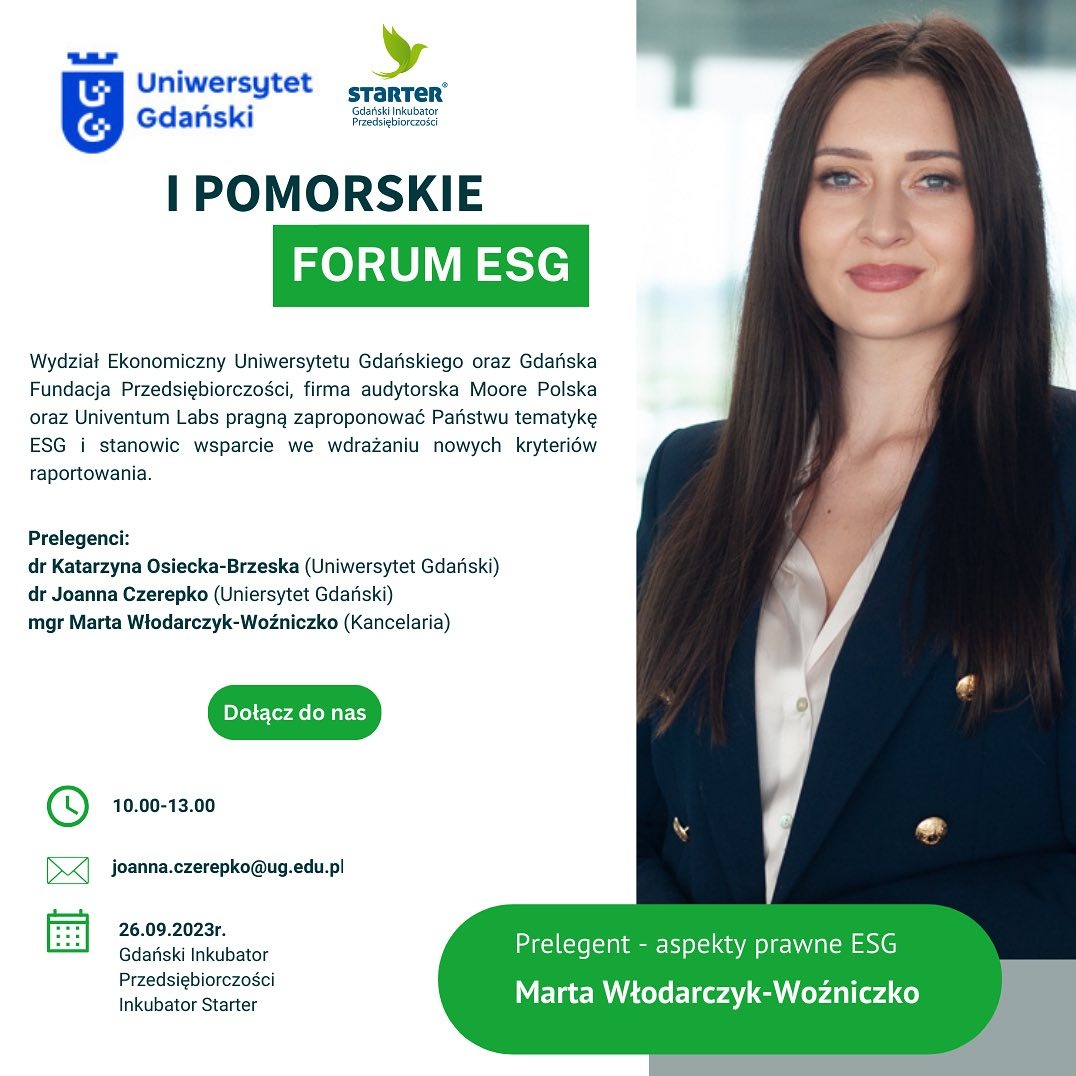 Plakat informujący o Forum ESG organizowanym przez Uniwersytet Gdański i Gdańską Fundację Przedsiębiorczości. Prelegent: Marta Włodarczyk-Woźniczko.