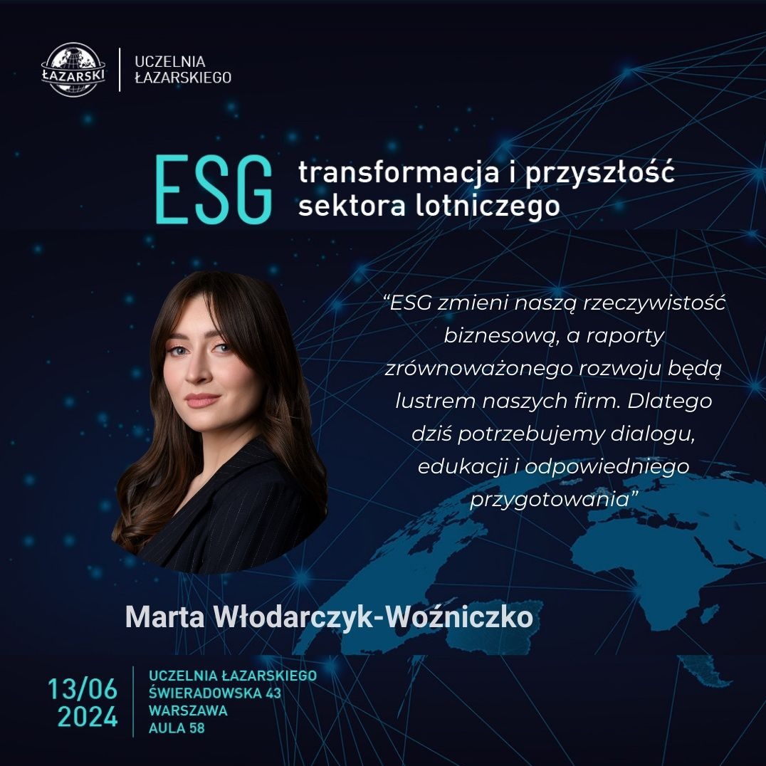 Grafika promująca wydarzenie ESG w sektorze lotniczym z wizerunkiem Marty Włodarczyk-Woźniczko, logo Uczelni Łazarskiego i datą 13.06.2024. Konferencja o transformacji.